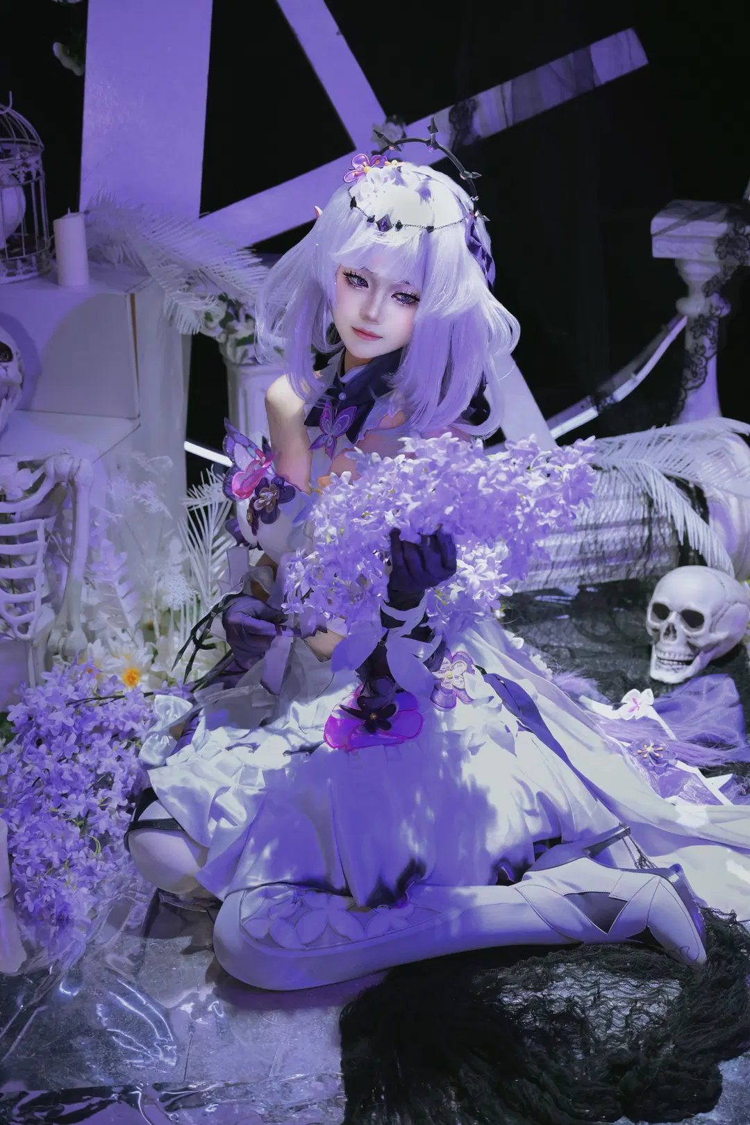 崩坏星穹铁道, 二次元cosplay, 遐蝶cos, 哥特风摄影, 紫色花海