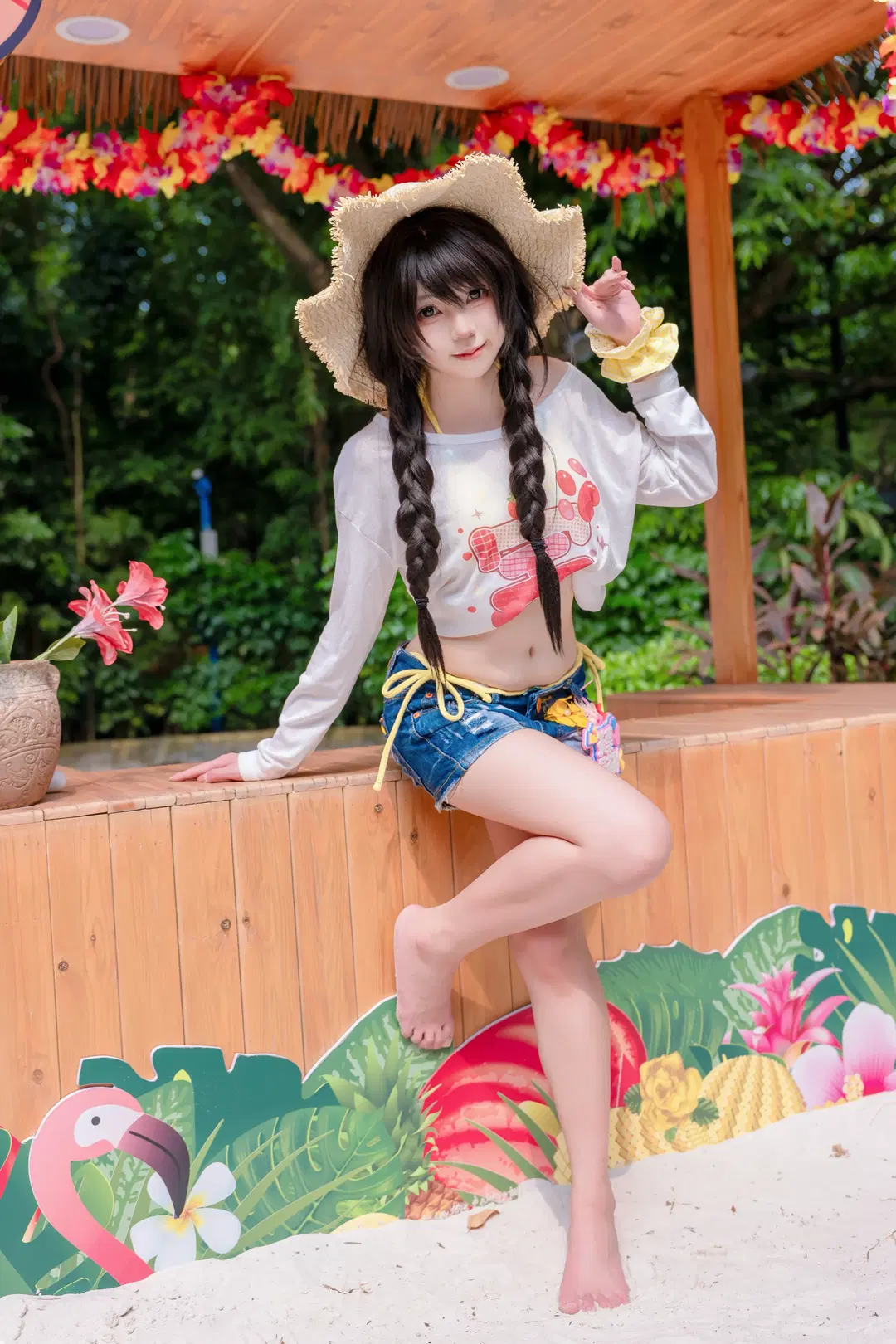 Summer Film, Straw hat outfit, Fresh style photography, Denim shorts, braid