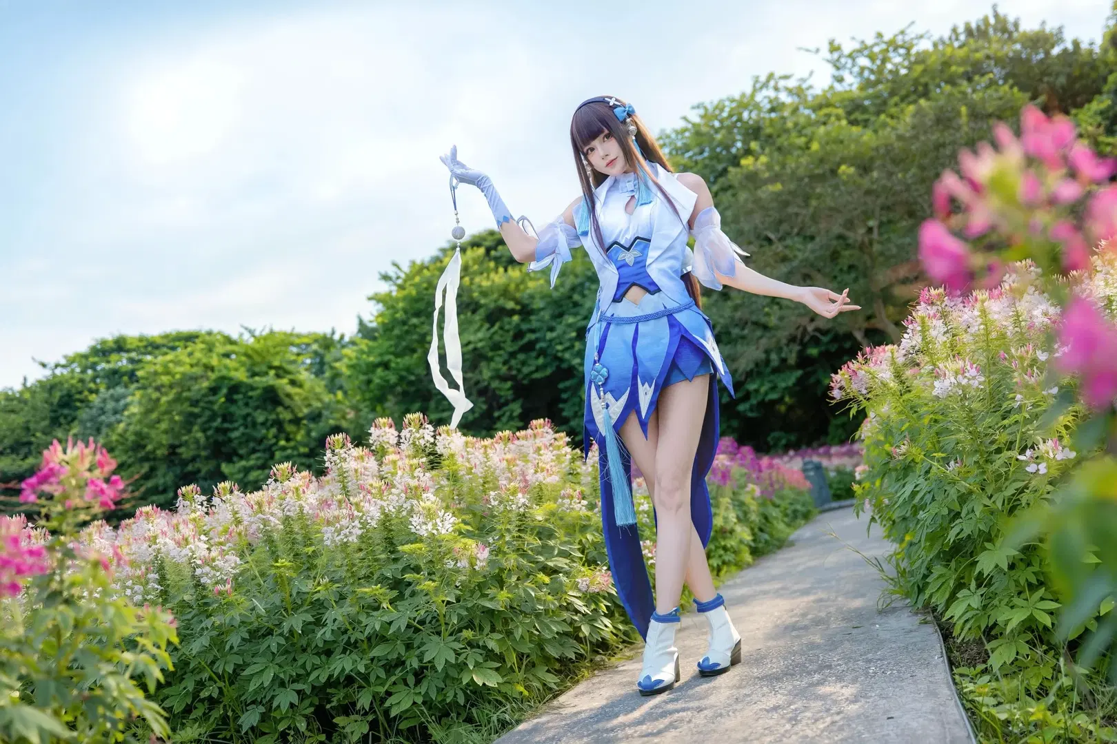【西施コスプレ】オナー・オブ・キングス 花海を巡る、青白のシフォンドレスとロングリボンが織りなす優美な調和 - Kirito君 - 6枚目