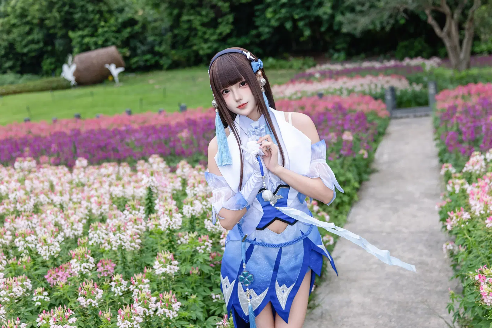 【西施コスプレ】オナー・オブ・キングス 花海を巡る、青白のシフォンドレスとロングリボンが織りなす優美な調和 - Kirito君 - 8枚目
