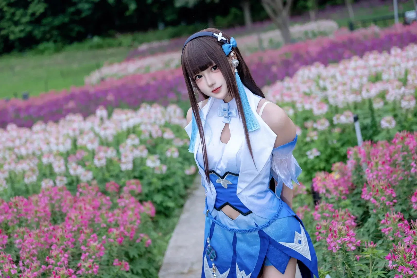 【西施コスプレ】オナー・オブ・キングス 花海を巡る、青白のシフォンドレスとロングリボンが織りなす優美な調和 - Kirito君 - 9枚目