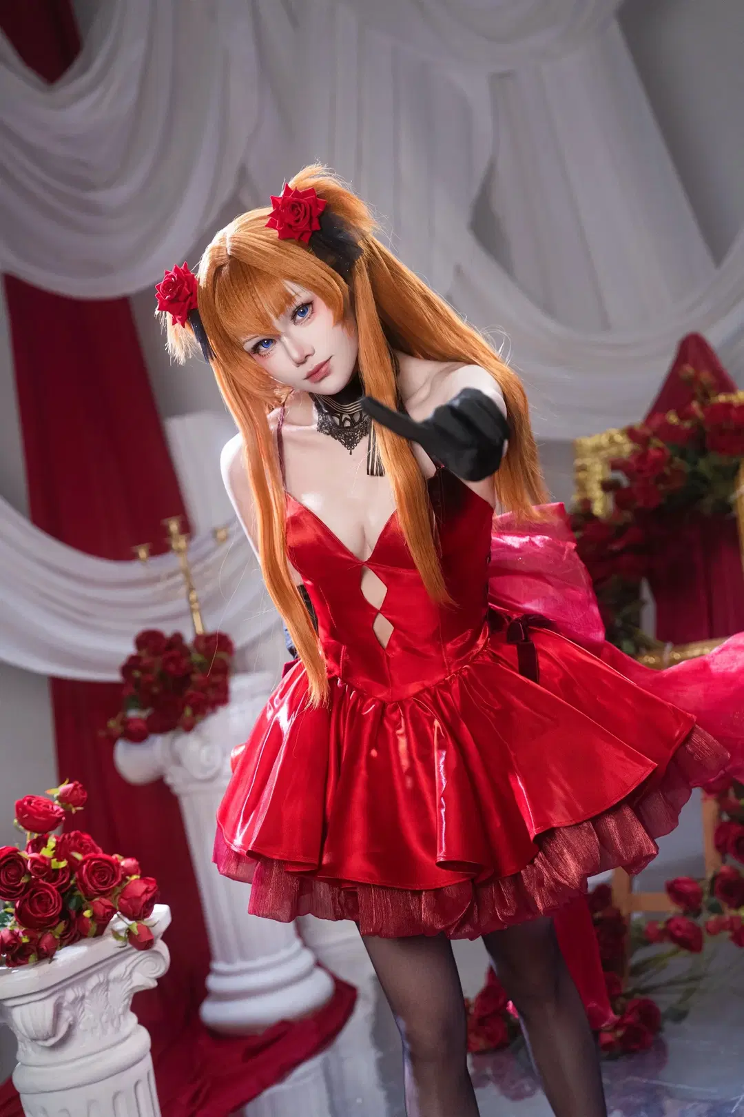 【明日香cos】新世纪福音战士的暗夜乐章，亮面红裙与黑丝小提琴 - sakura雨尘酱 - 第4张