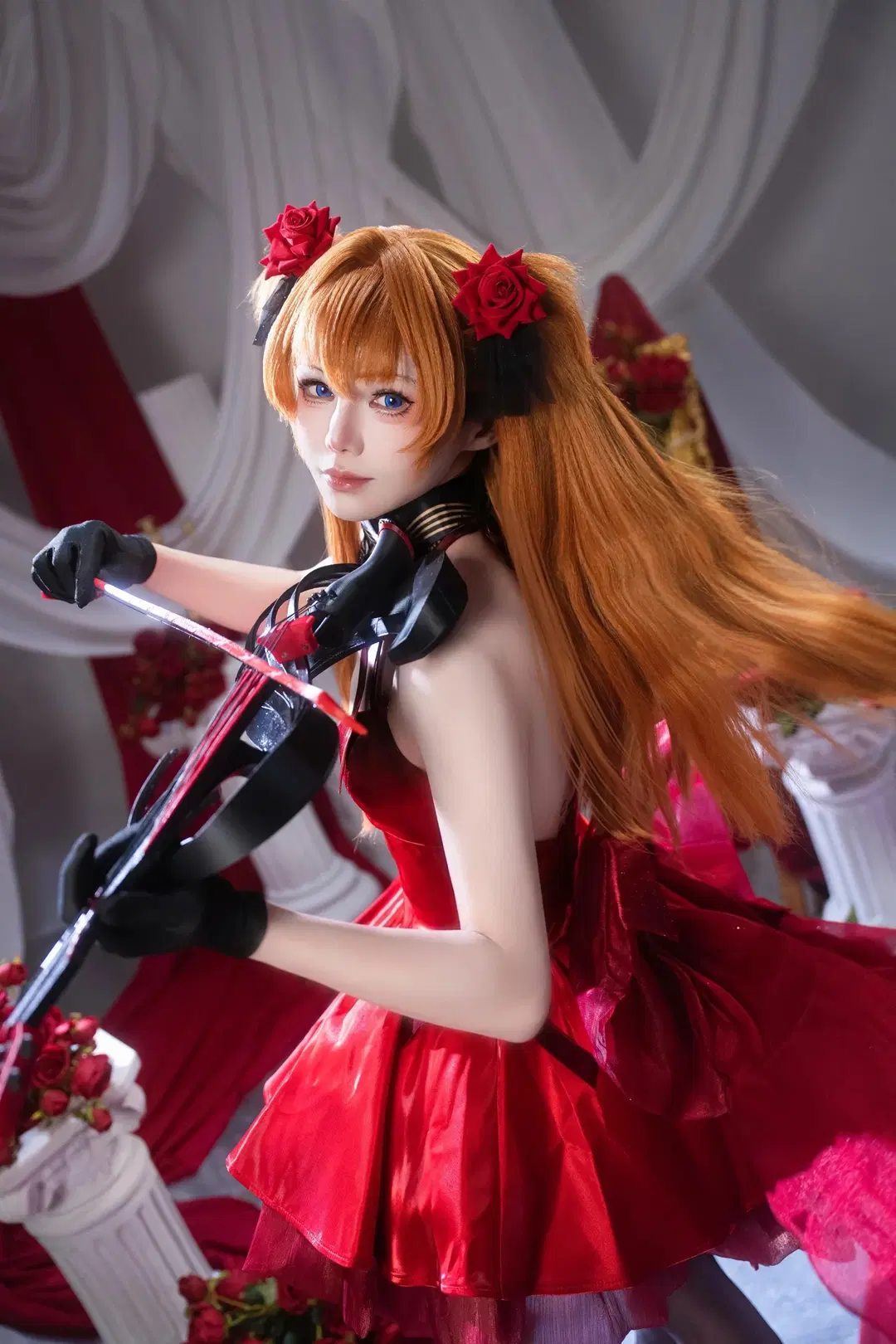 【明日香cos】新世纪福音战士的暗夜乐章，亮面红裙与黑丝小提琴 - sakura雨尘酱 - 第6张