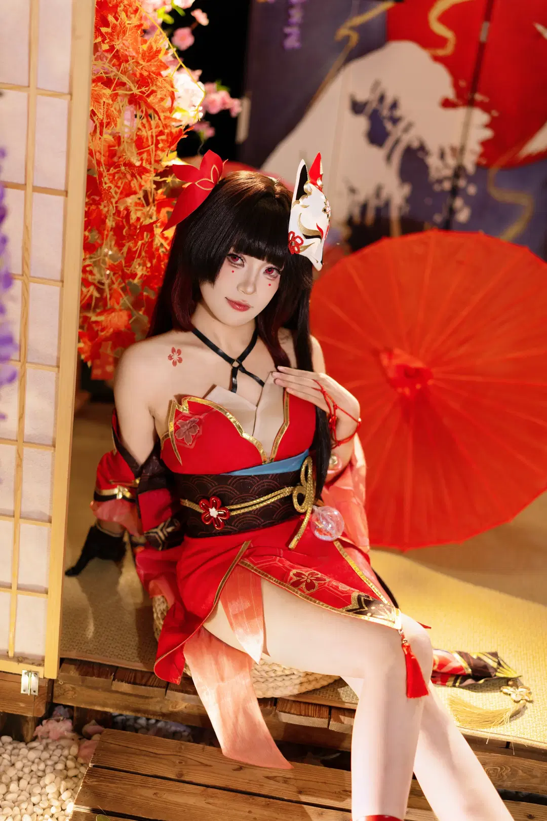 和风cos, cosplay正片, 白丝cos, 狐面, 红黑和服