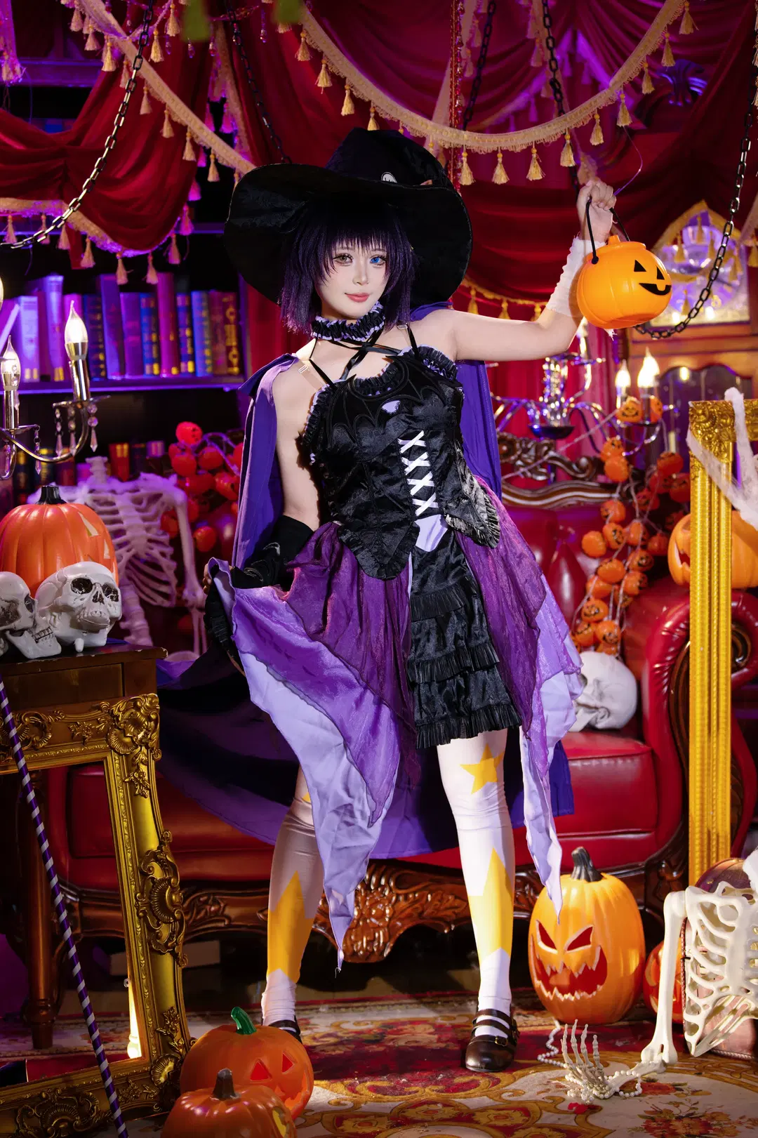Halloween Dark Witch Cosplay: Visual Collision of Purple Sheer Chiffon and Star-Patterned White Stockings by 拾月影棚 - Image 4