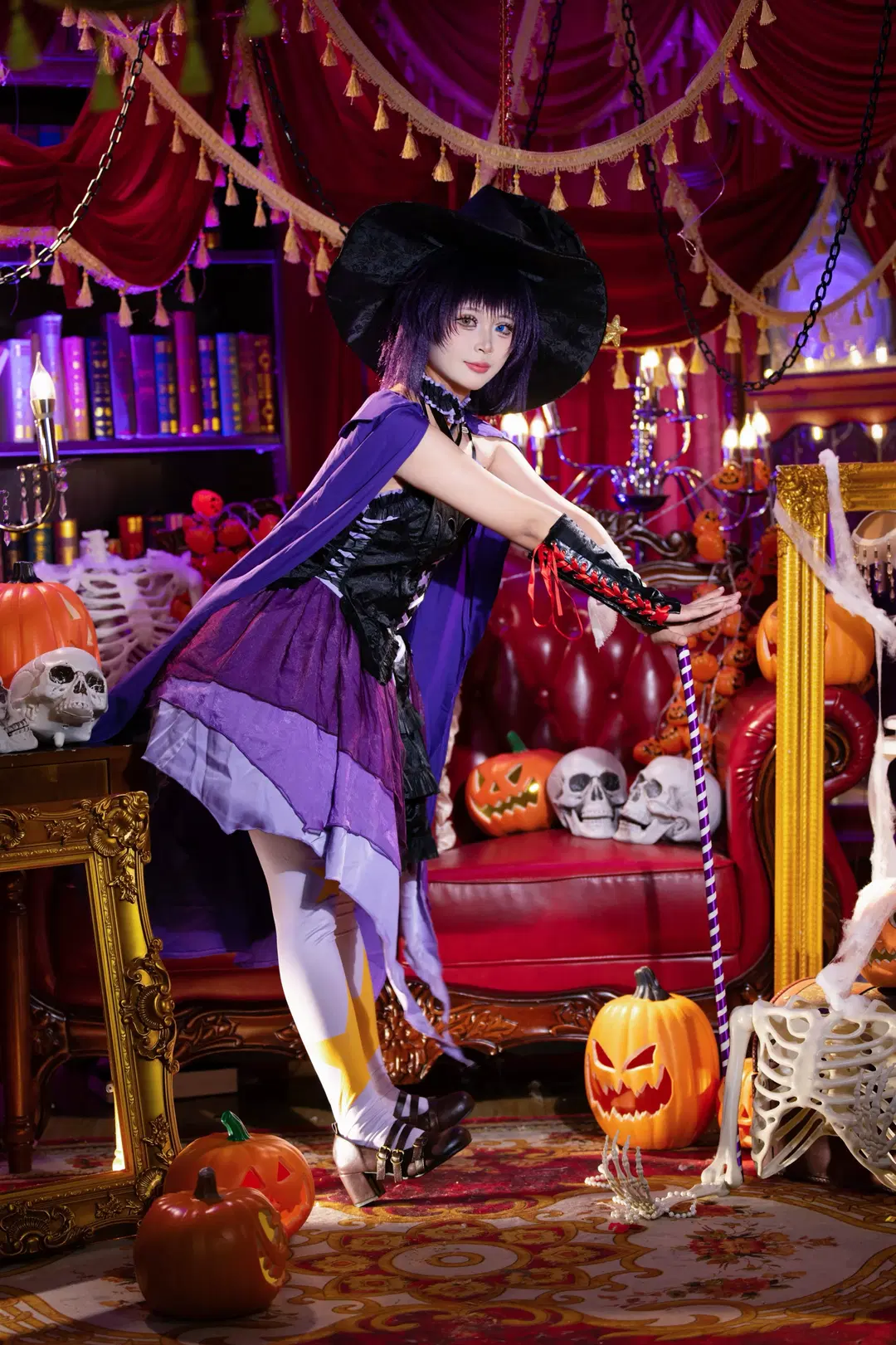 Halloween Dark Witch Cosplay: Visual Collision of Purple Sheer Chiffon and Star-Patterned White Stockings by 拾月影棚 - Image 5