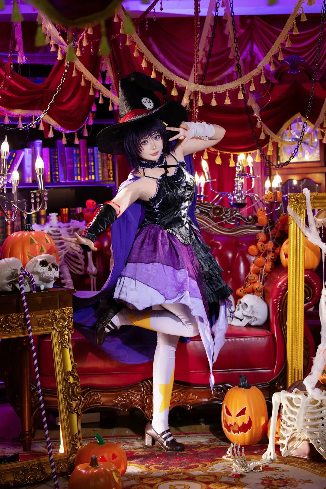 Halloween Dark Witch Cosplay: Visual Collision of Purple Sheer Chiffon and Star-Patterned White Stockings by 拾月影棚 - Image 6