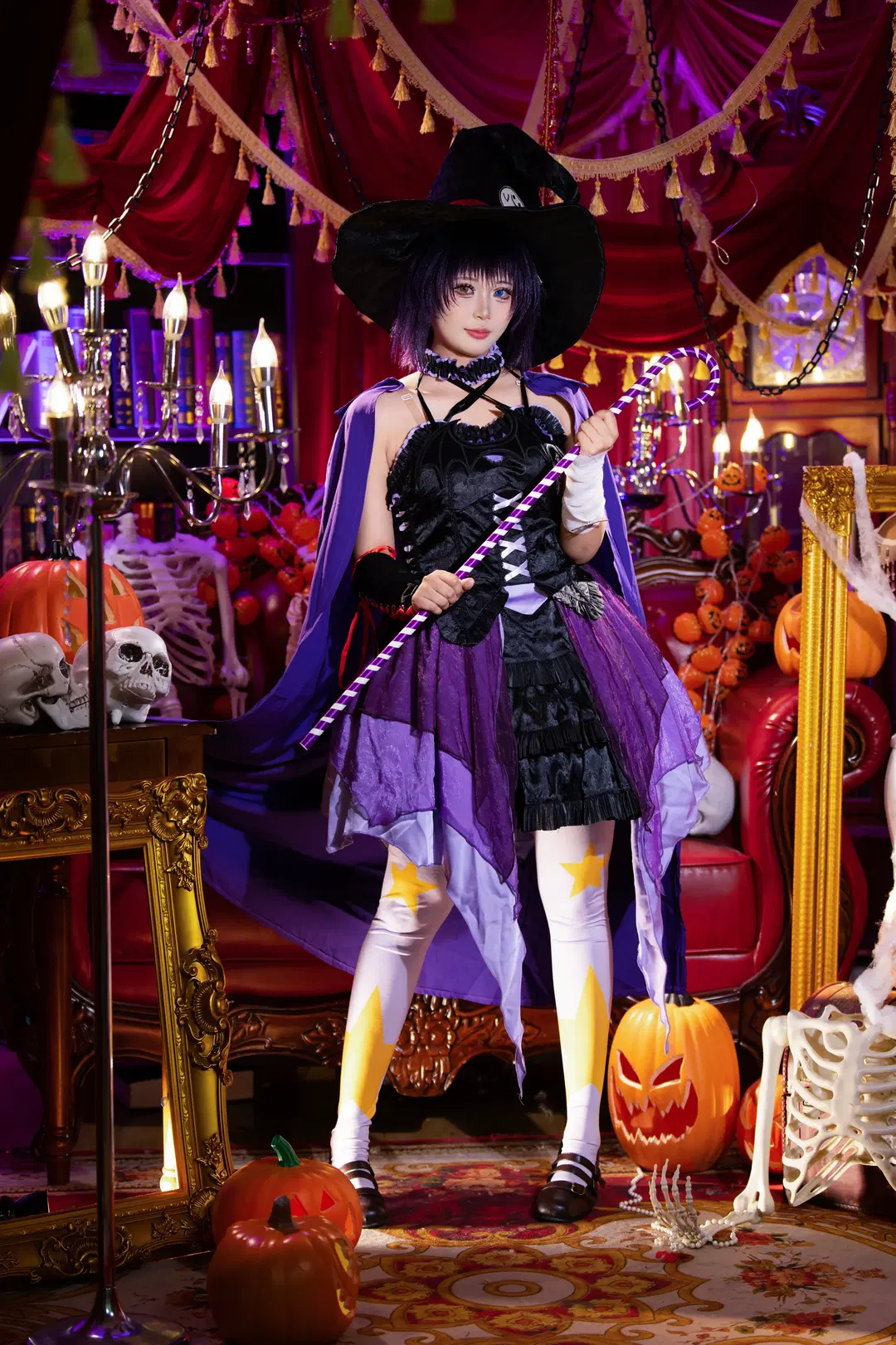 Halloween Dark Witch Cosplay: Visual Collision of Purple Sheer Chiffon and Star-Patterned White Stockings by 拾月影棚 - Image 7