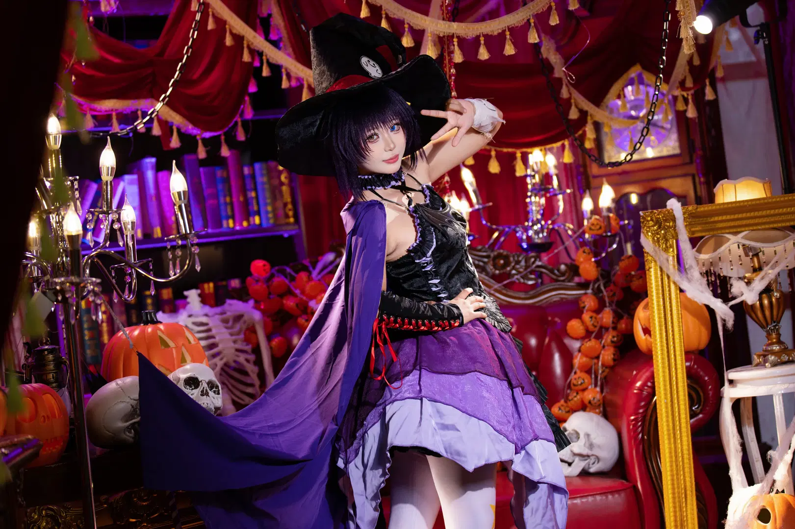 Halloween Dark Witch Cosplay: Visual Collision of Purple Sheer Chiffon and Star-Patterned White Stockings by 拾月影棚 - Image 8
