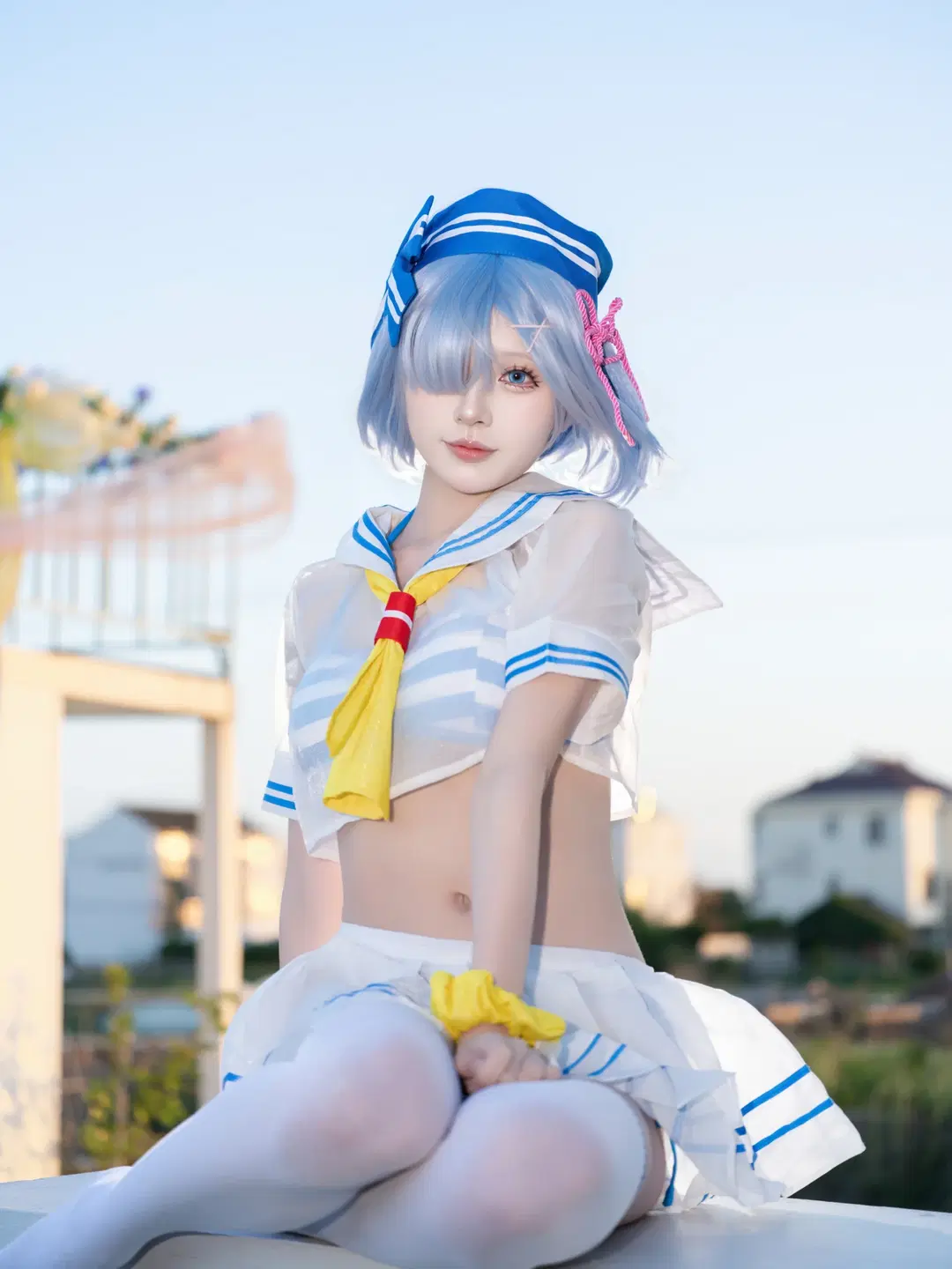 Rem Cosplay: Aqua-blue poolside sailor suit and white stockings summer portrait by 青屿丶 - Image 10