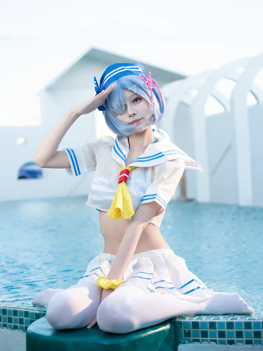 Rem Cosplay: Aqua-blue poolside sailor suit and white stockings summer portrait by 青屿丶 - Image 3