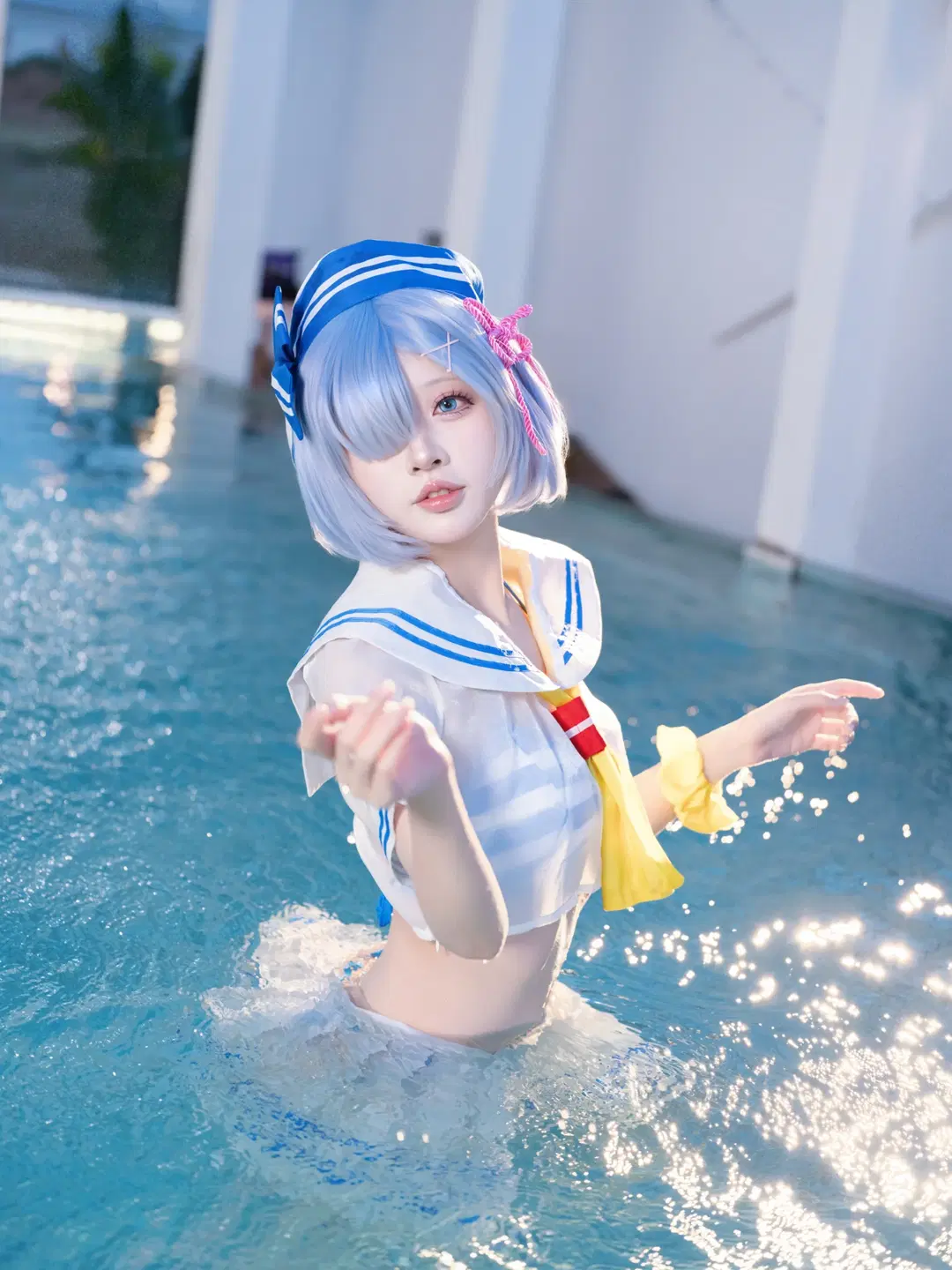 Rem Cosplay: Aqua-blue poolside sailor suit and white stockings summer portrait by 青屿丶 - Image 4