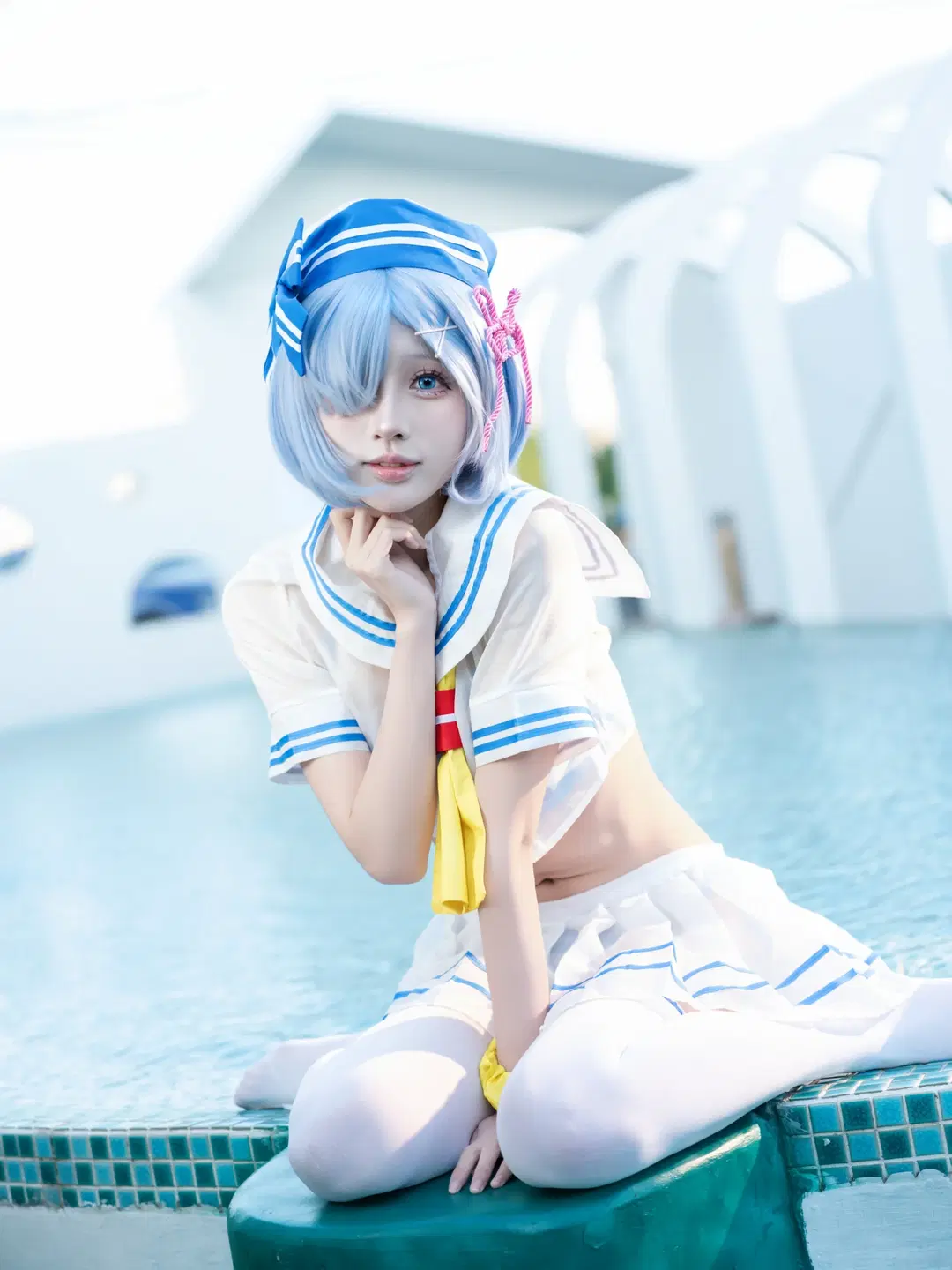 Rem Cosplay: Aqua-blue poolside sailor suit and white stockings summer portrait by 青屿丶 - Image 5