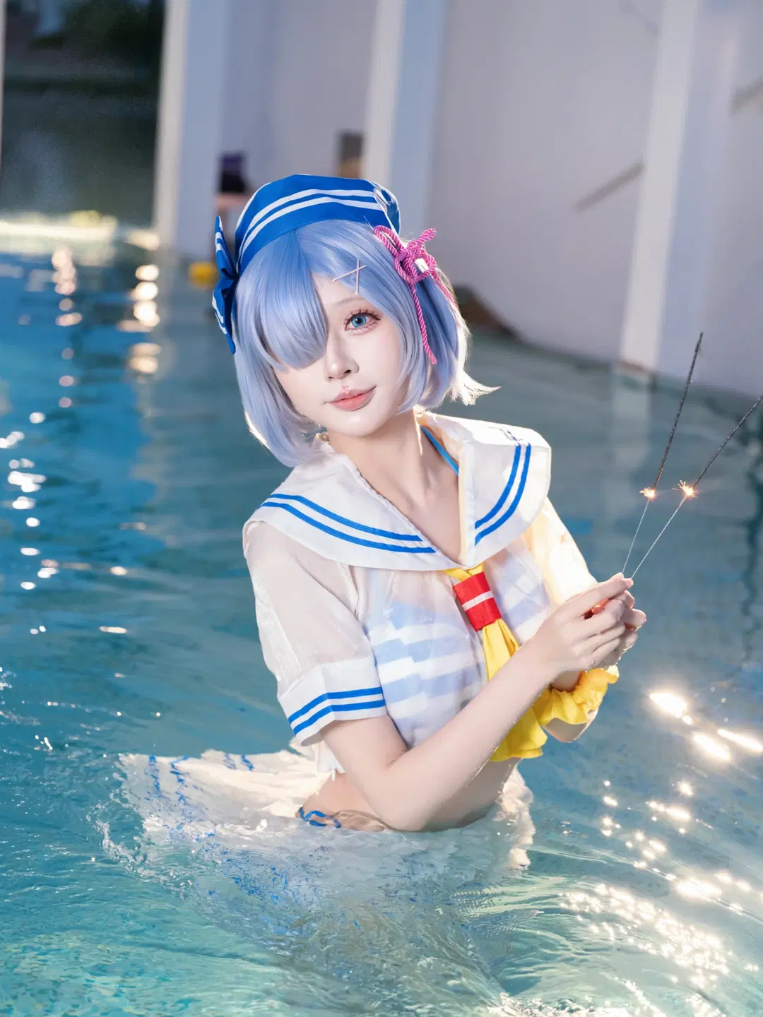 Rem Cosplay: Aqua-blue poolside sailor suit and white stockings summer portrait by 青屿丶 - Image 6