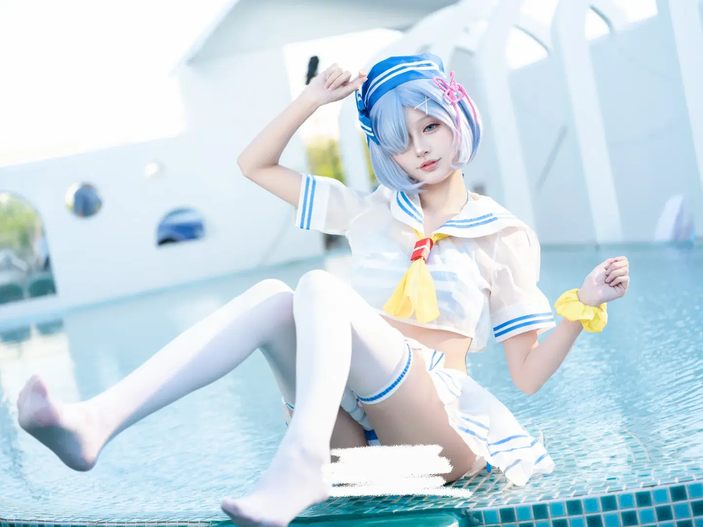 Rem Cosplay: Aqua-blue poolside sailor suit and white stockings summer portrait by 青屿丶 - Image 7