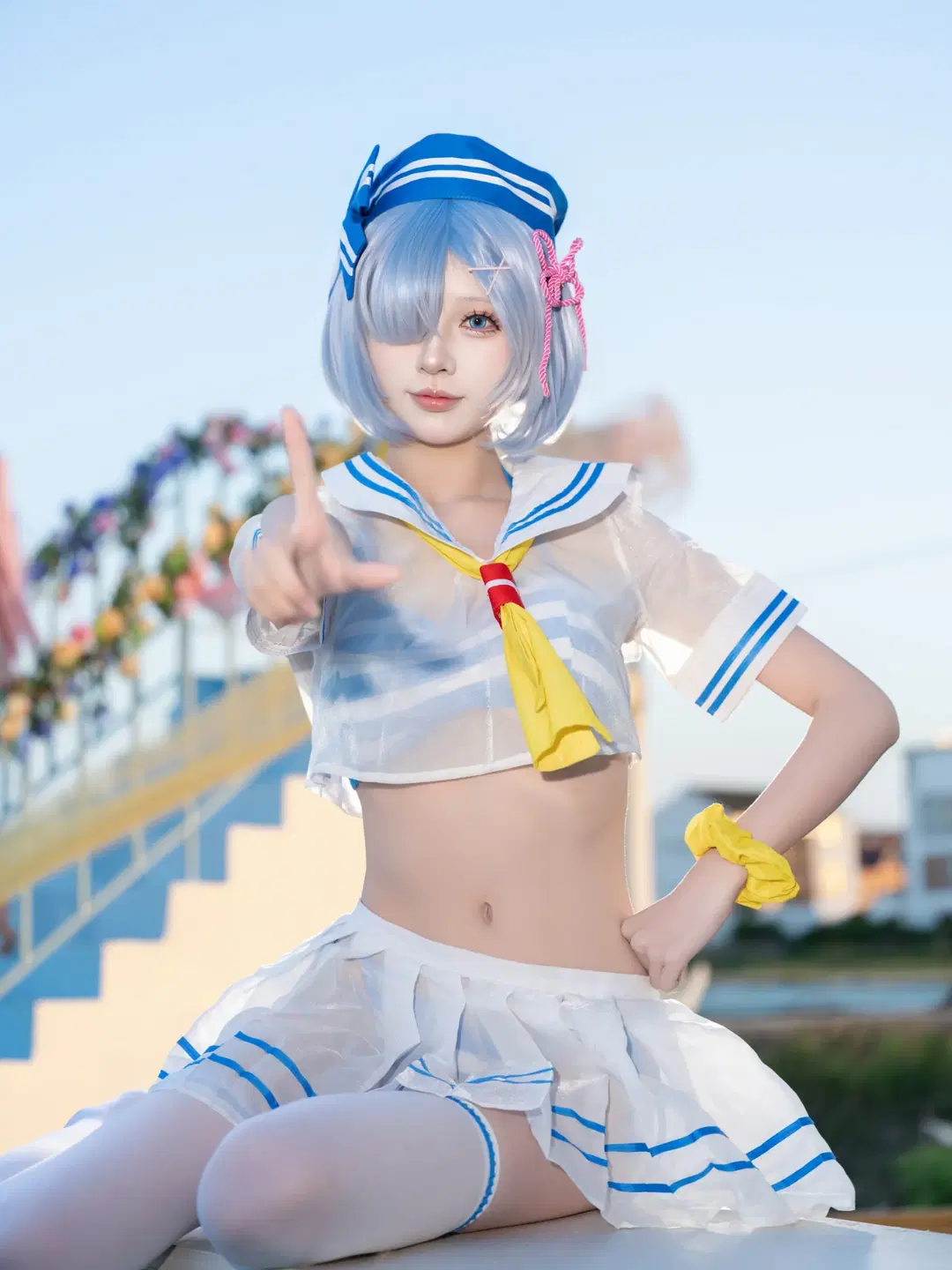蓝色系, 泳池写真, 白丝, 雷姆cos, 水手服cos