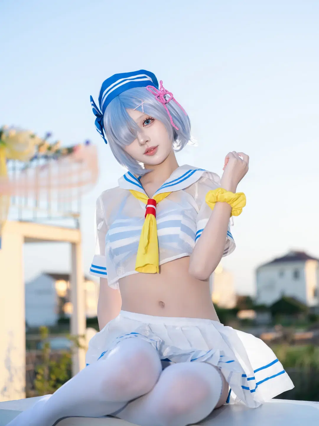 Rem Cosplay: Aqua-blue poolside sailor suit and white stockings summer portrait by 青屿丶 - Image 9