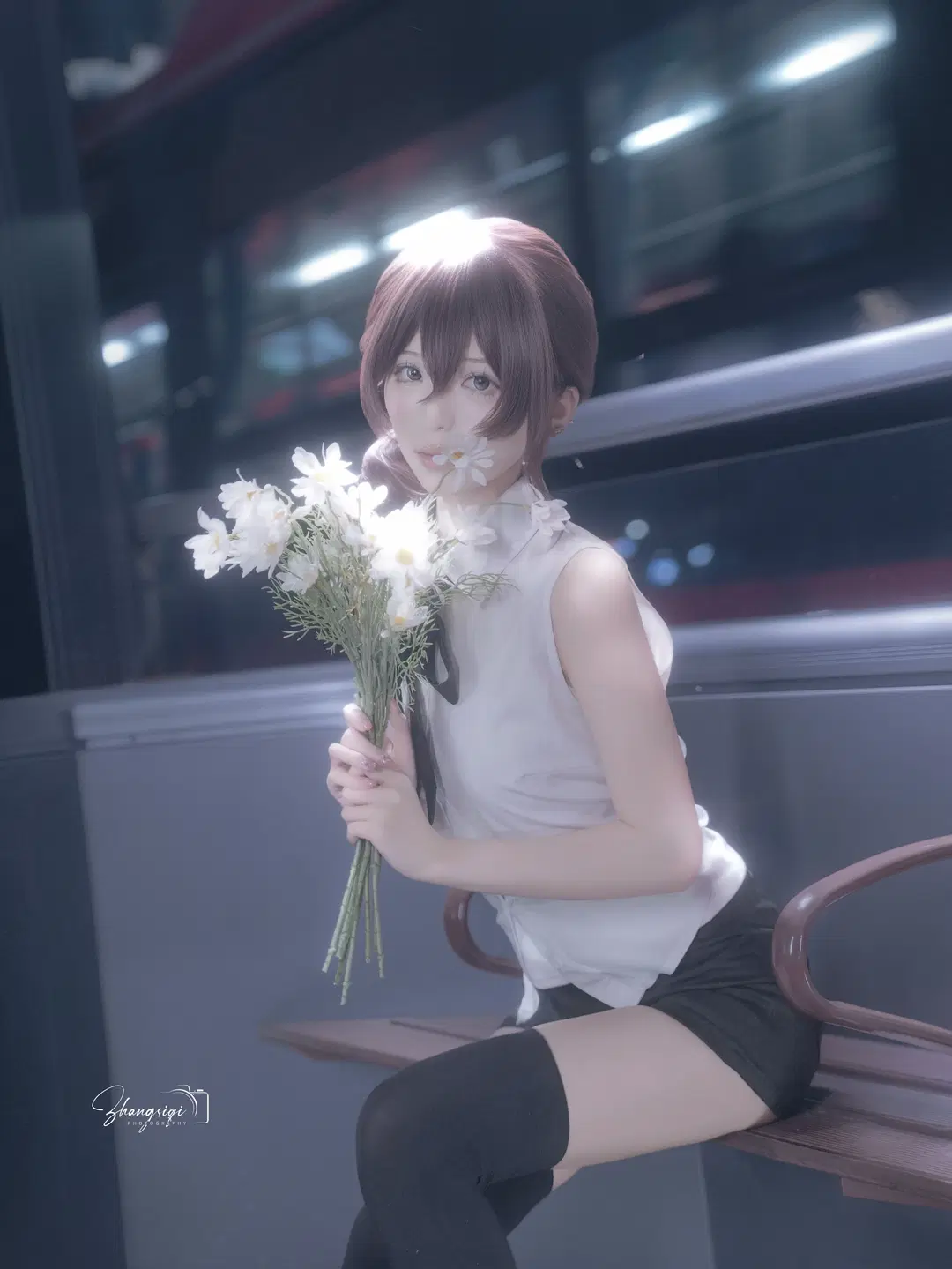 White Shirt and Black Stockings Senpai Under the Night Sky: Atmospheric Urban Night Photography by 坏坏孩子琦 - Image 10