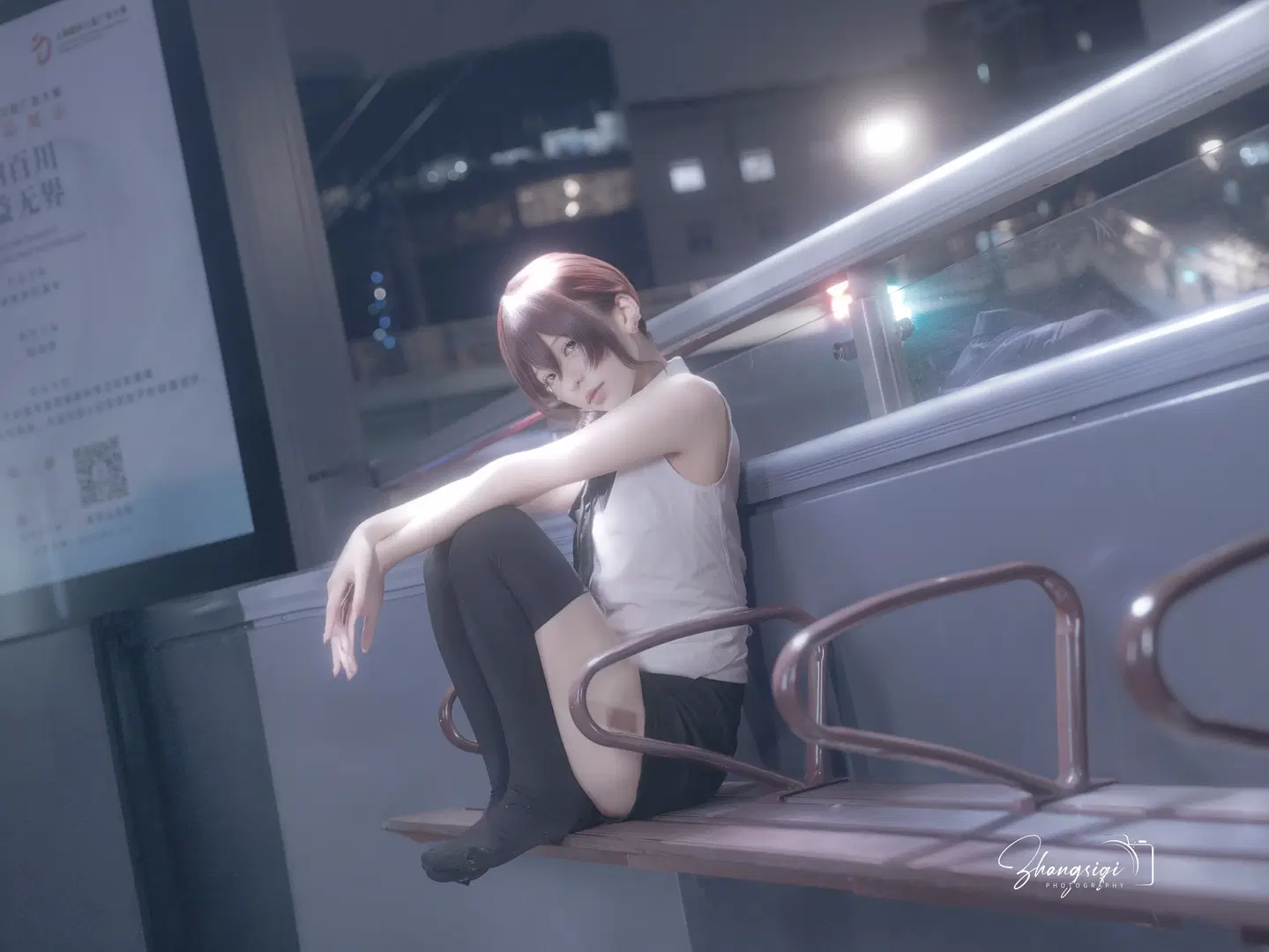 White Shirt and Black Stockings Senpai Under the Night Sky: Atmospheric Urban Night Photography by 坏坏孩子琦 - Image 11