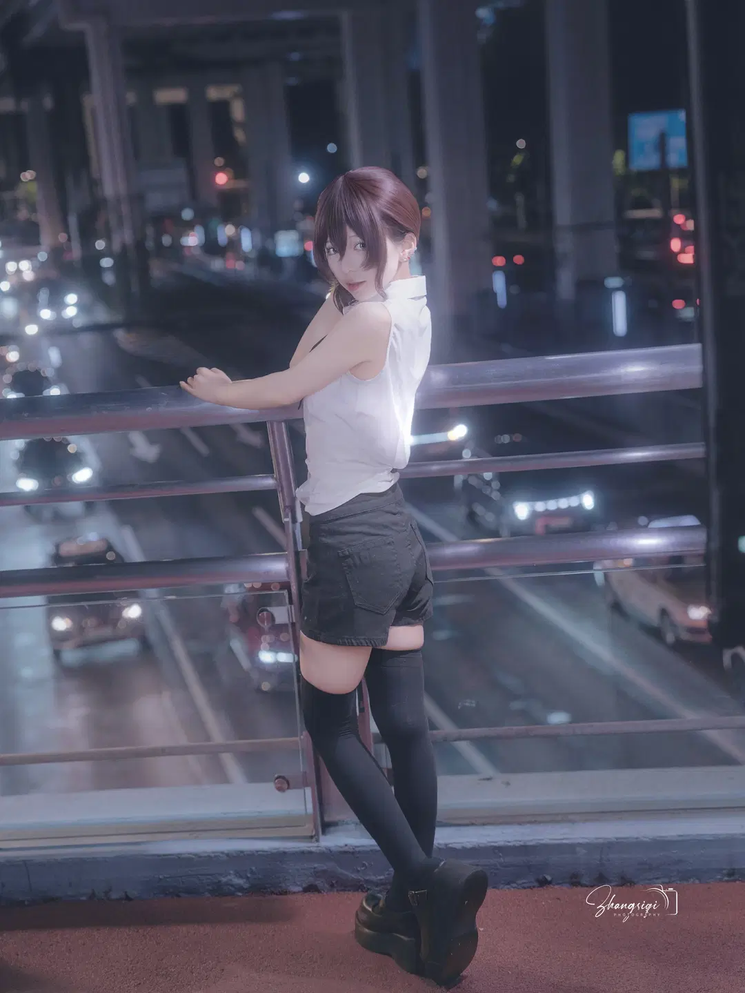White Shirt and Black Stockings Senpai Under the Night Sky: Atmospheric Urban Night Photography by 坏坏孩子琦 - Image 2