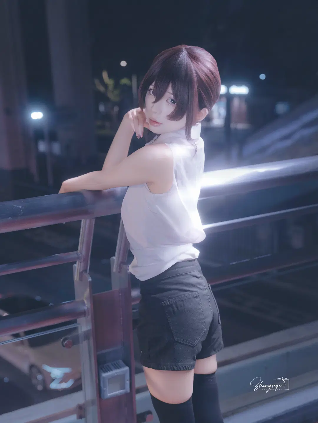 White Shirt and Black Stockings Senpai Under the Night Sky: Atmospheric Urban Night Photography by 坏坏孩子琦 - Image 3
