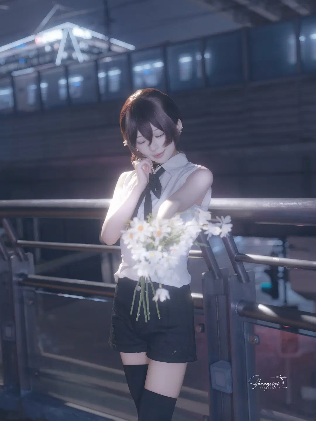 White Shirt and Black Stockings Senpai Under the Night Sky: Atmospheric Urban Night Photography by 坏坏孩子琦 - Image 5