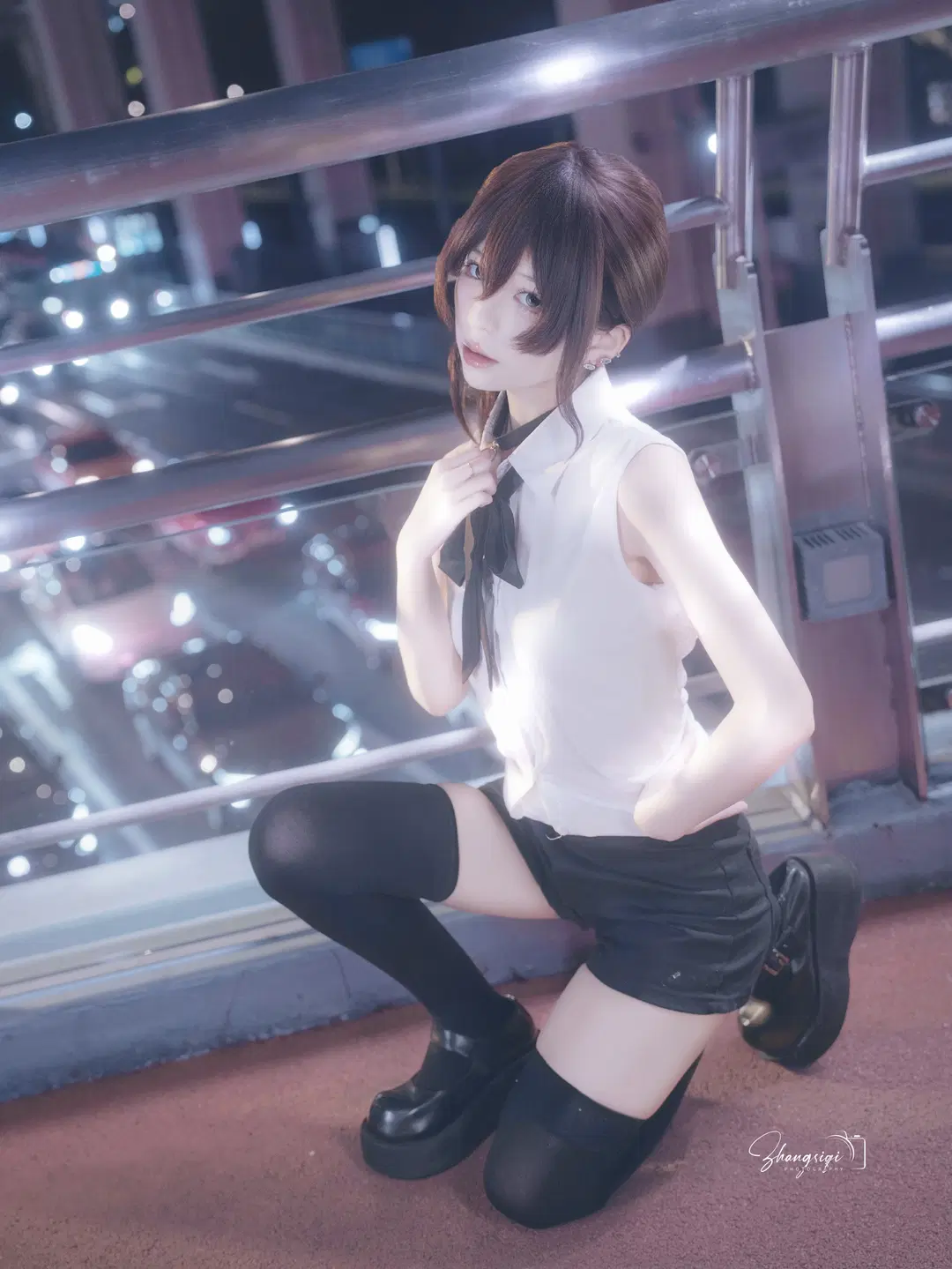 White Shirt and Black Stockings Senpai Under the Night Sky: Atmospheric Urban Night Photography by 坏坏孩子琦 - Image 6