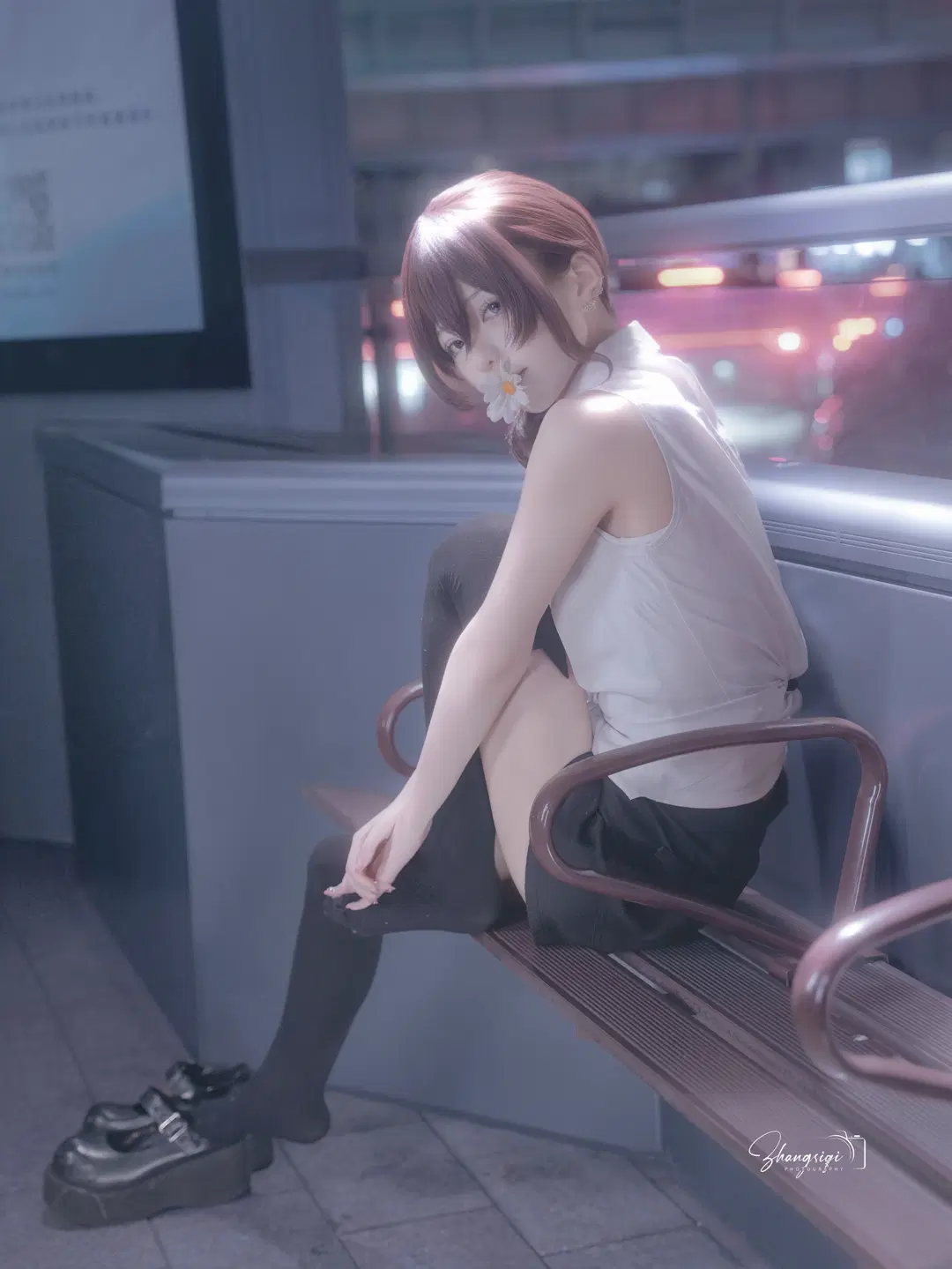 White Shirt and Black Stockings Senpai Under the Night Sky: Atmospheric Urban Night Photography by 坏坏孩子琦 - Image 8
