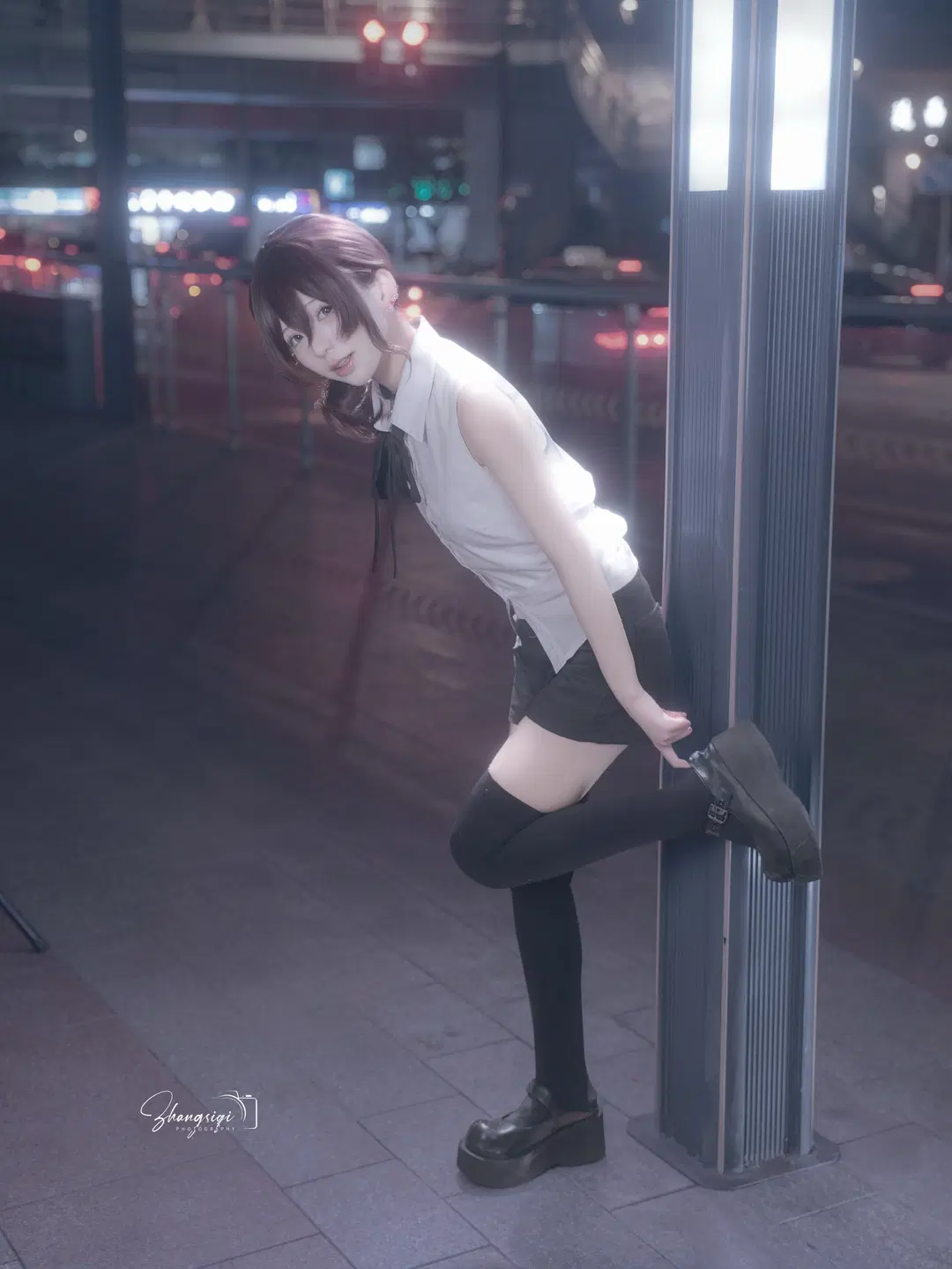 二次元少女, 夜景人像, 黑丝过膝袜, 青春校园风, 都市夜拍