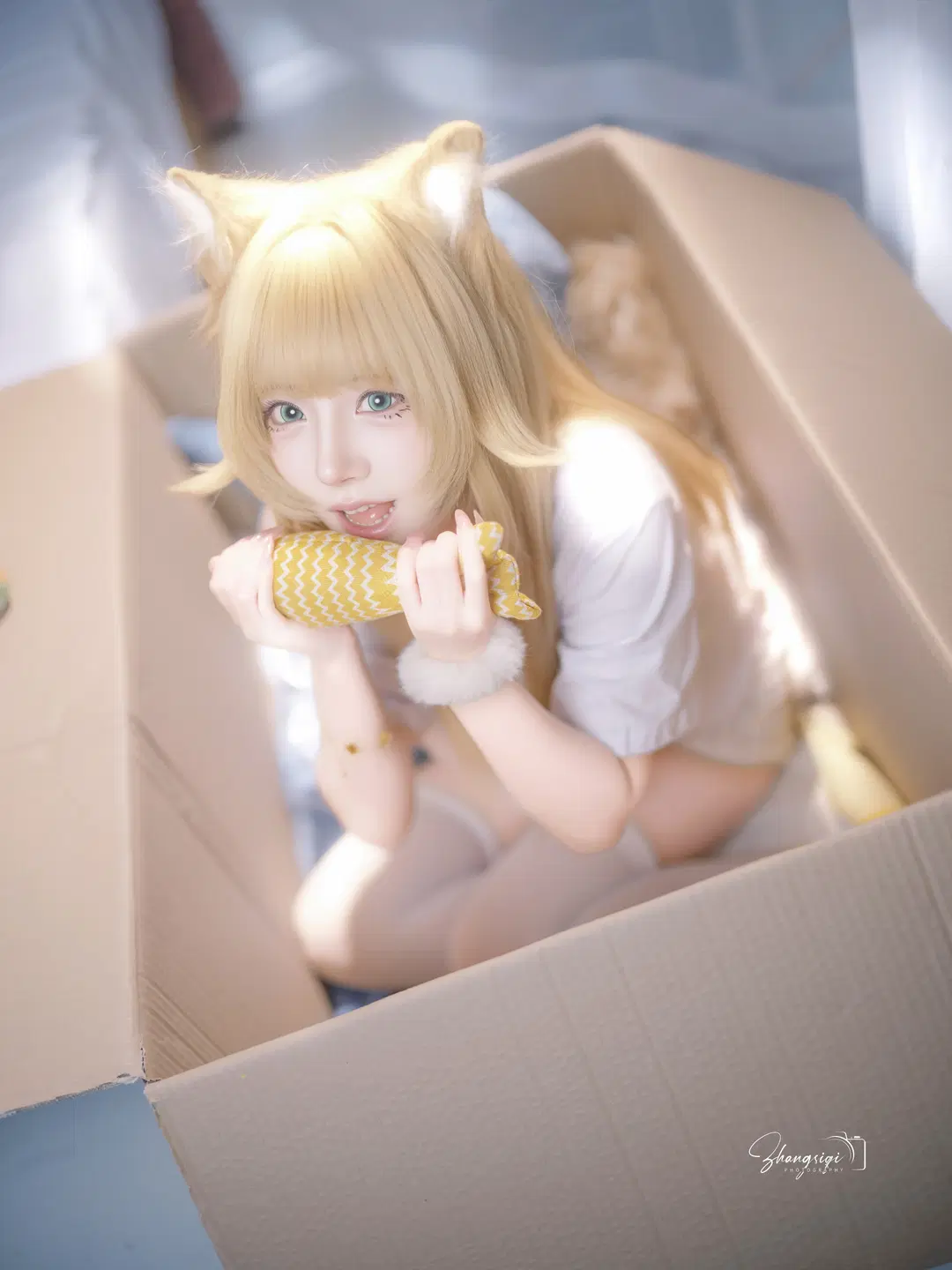 金髪白タイツの猫耳少女によるダンボール写真、陽だまりのひととき - 坏坏孩子琦 - 2枚目