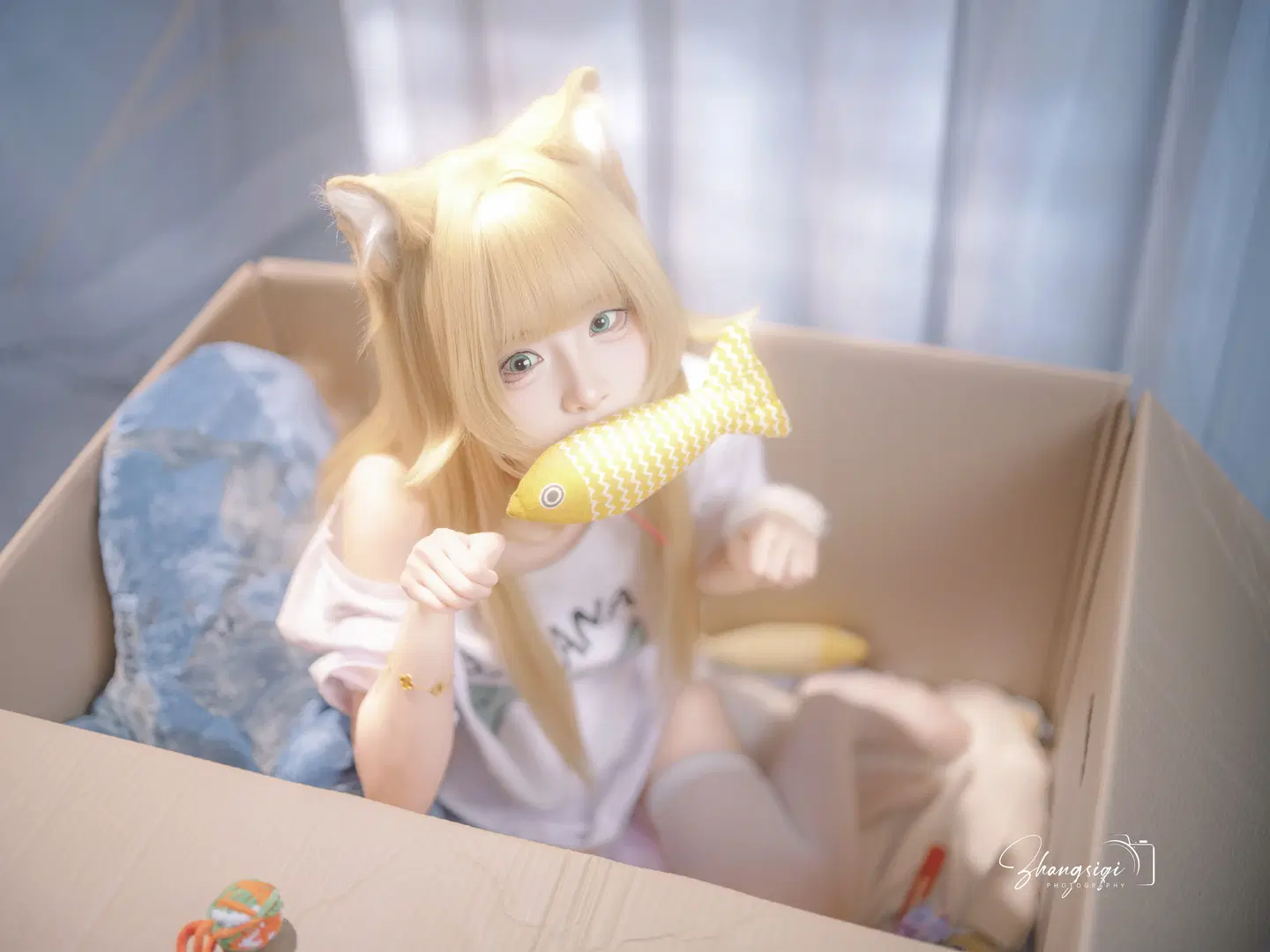 金髪白タイツの猫耳少女によるダンボール写真、陽だまりのひととき - 坏坏孩子琦 - 3枚目