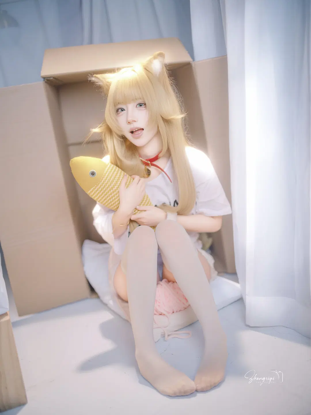 【黃豆粉貓娘cos】紙箱裡抱著魚的白色絲襪貓貓 - 坏坏孩子琦 - 第4張