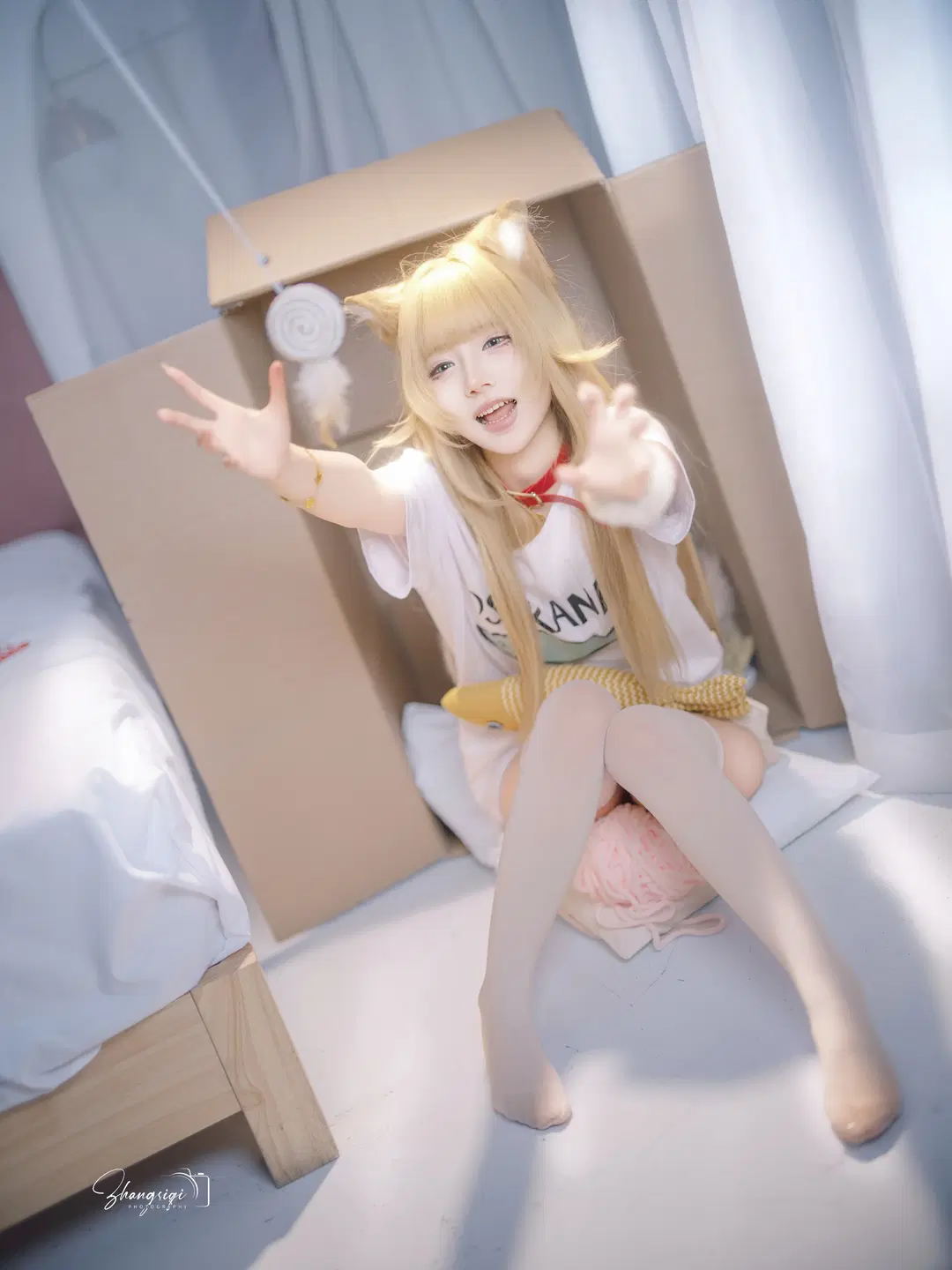 纸箱毛线球与白丝猫耳，慵懒居家风cosplay - 坏坏孩子琦 - 第2张