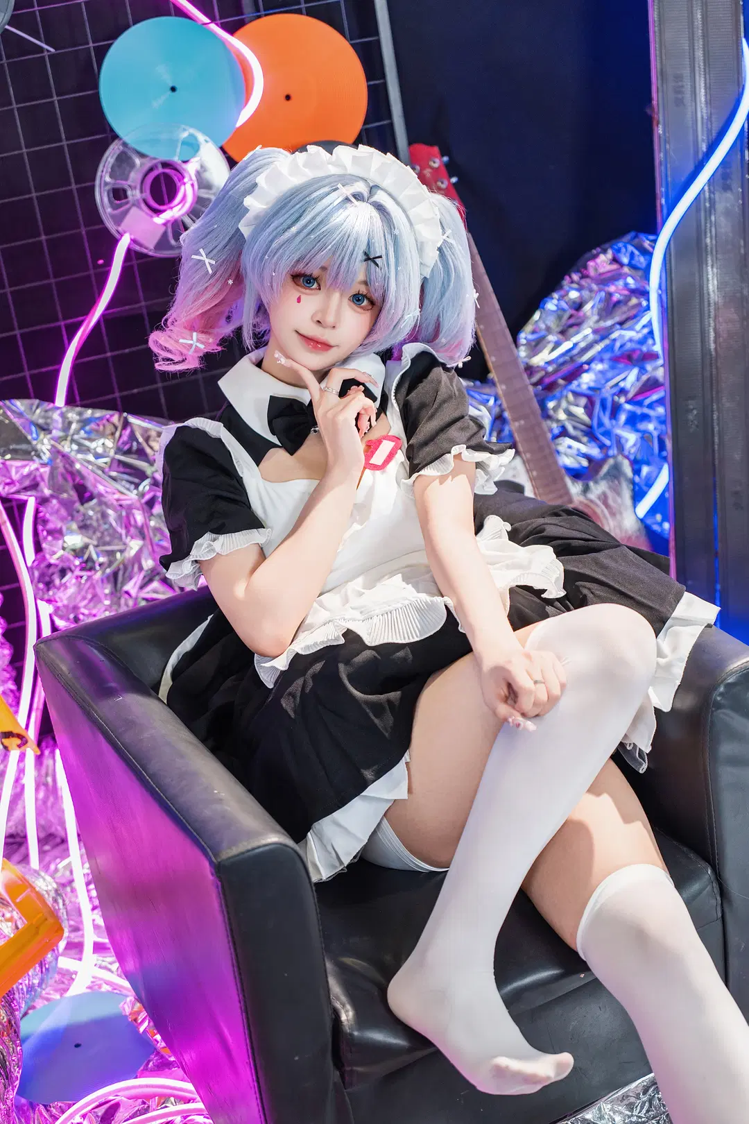 Hatsune Vocaloid Rabbit Hole Maid outfit: Cyberpunk neon set cosplay photoshoot