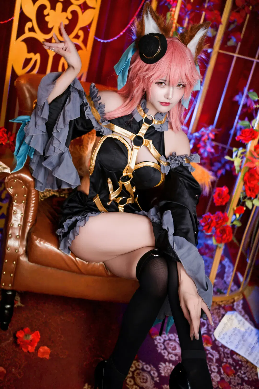 二次元cosplay, FGO, 玉藻前cos, 丝袜cos, 漆黑魔术师