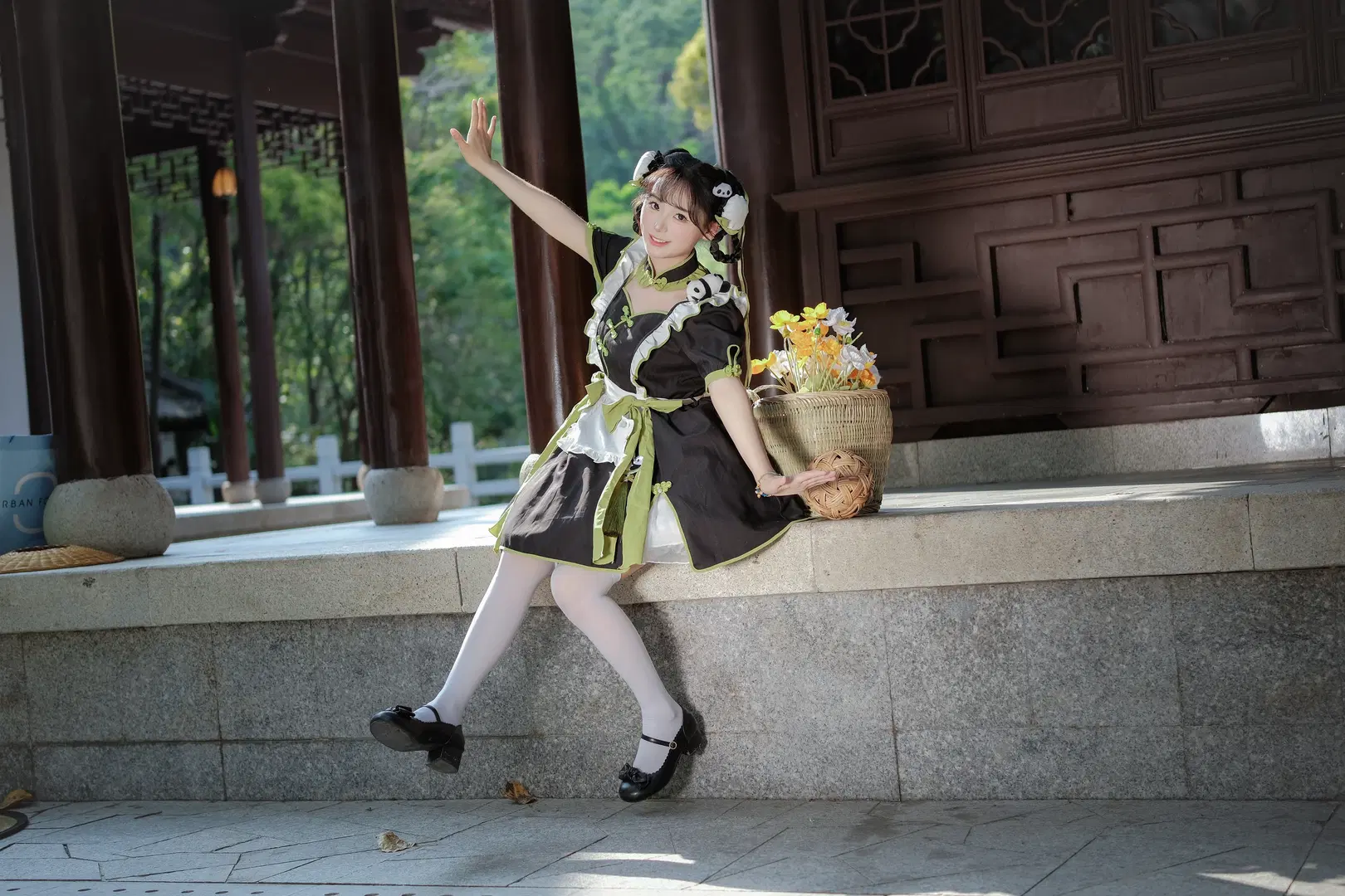 Garden portrait, Cute girl outfit, White over-the-knee socks, Chinese-style cosplay, Panda theme