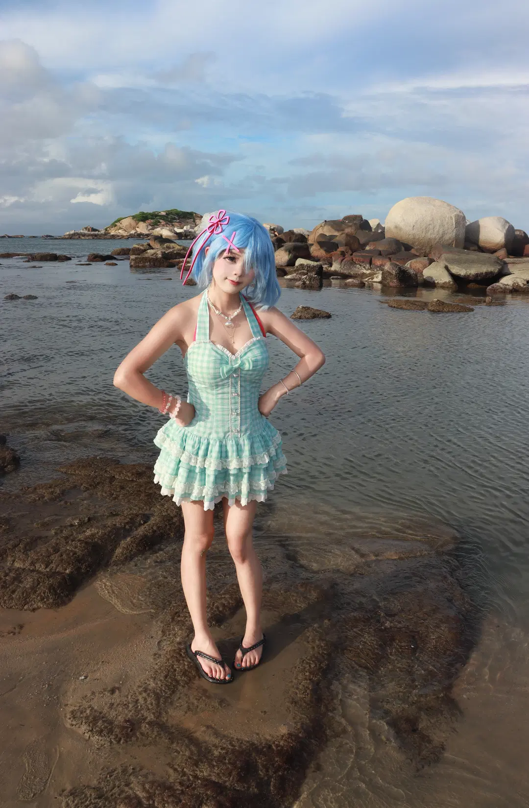 夏日穿搭, 蕾姆cos, 从零开始的异世界, 海边cosplay, 蓝发少女