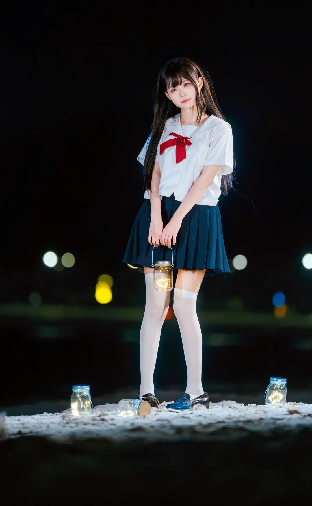 白丝, 夜景人像, 海边写真, jk制服, 提灯道具