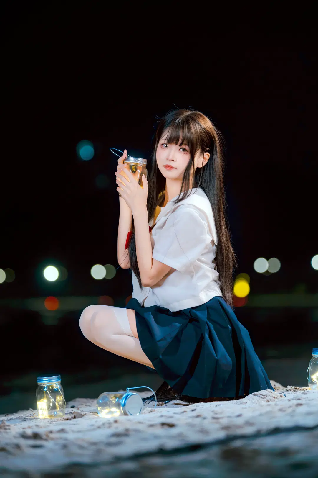 夜海提灯JK制服写真 氛围感夜景人像记录 - 小红帽 - 第3张