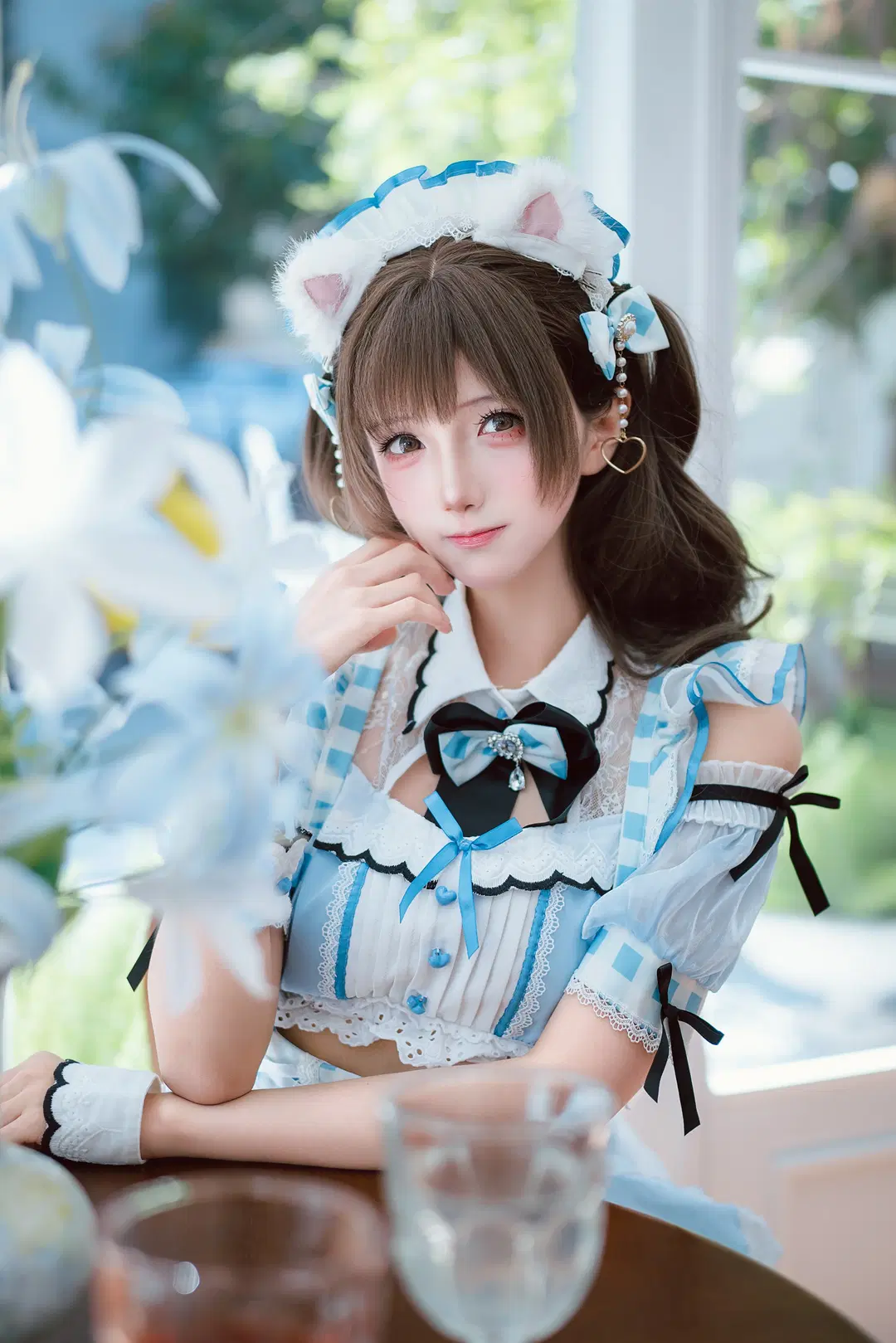 Blue and white checkered cat Maid outfit: Indoor fresh light and shadow portrait diary by 六幺幺 - Image 3