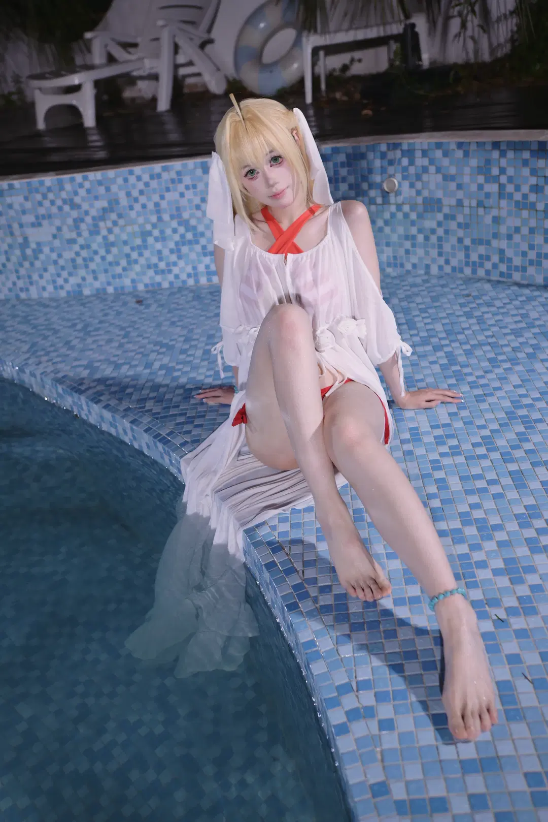 Poolside photoshoot, Fate/Grand Order, Nero Cosplay, Bikini, wet white veil