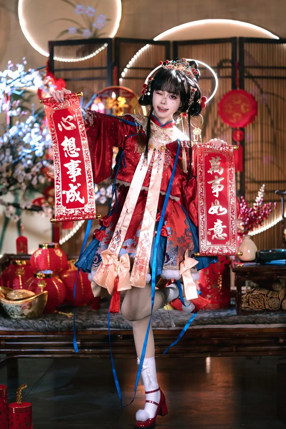 Red and blue color-blocked Lolita little New Year God of Wealth: Celebrating the New Year with Intangible Cultural Heritage atmosphere by 夏尔 - Image 2