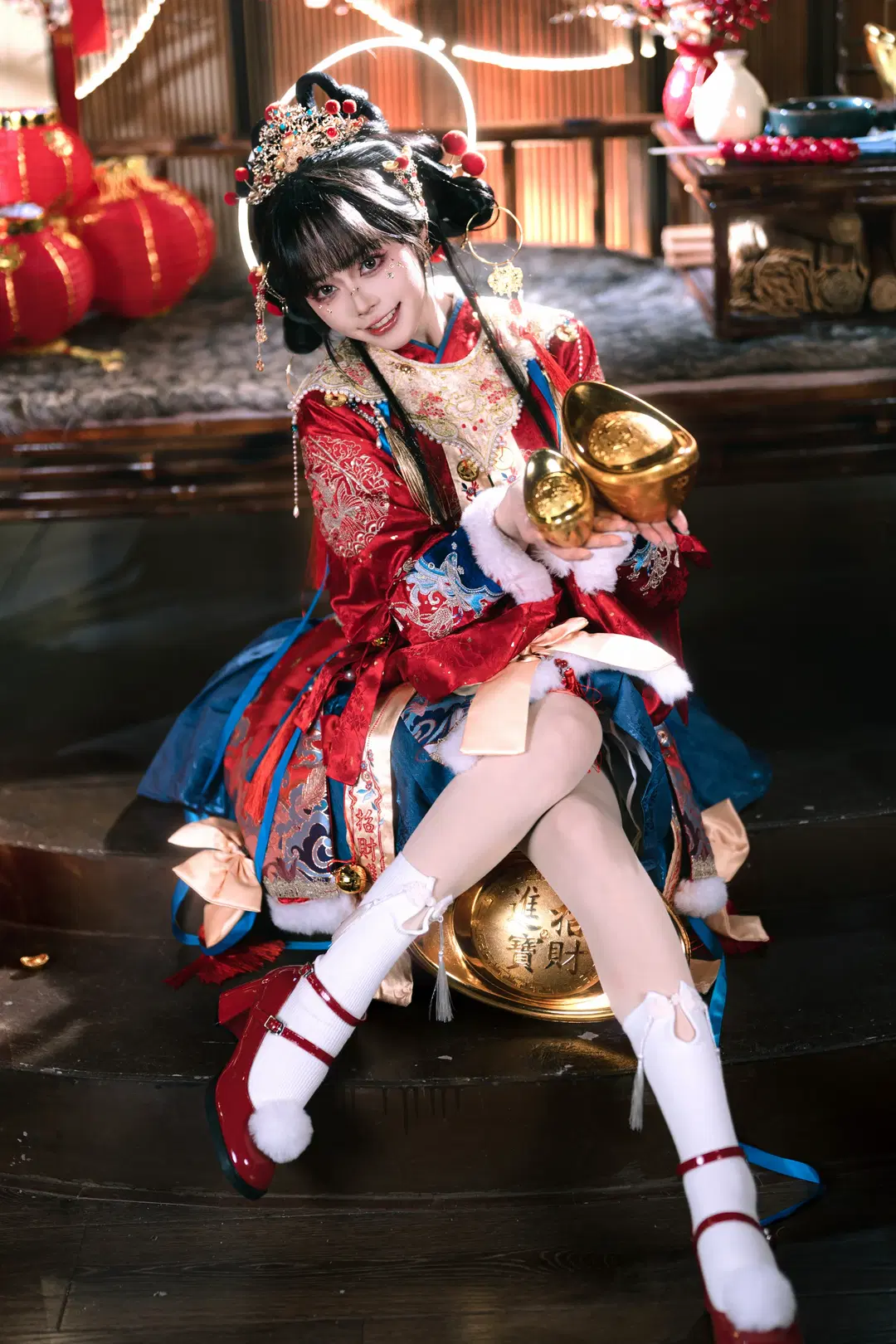 Red and blue color-blocked Lolita little New Year God of Wealth: Celebrating the New Year with Intangible Cultural Heritage atmosphere by 夏尔 - Image 4