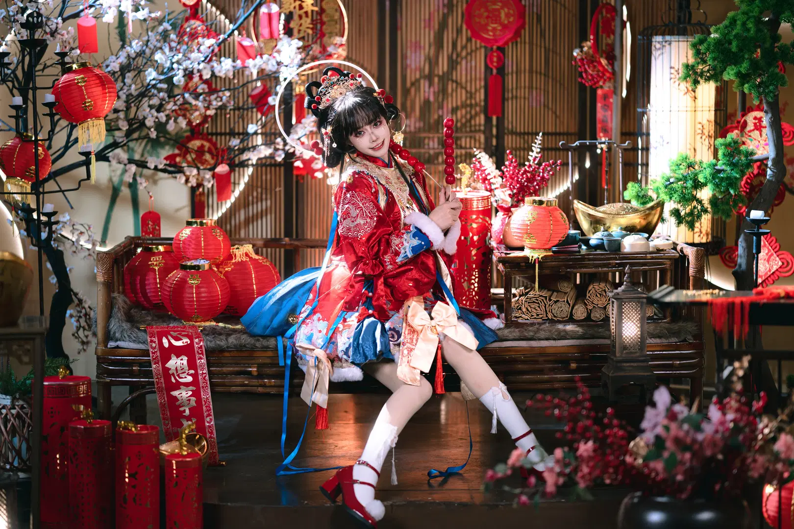 Red and blue color-blocked Lolita little New Year God of Wealth: Celebrating the New Year with Intangible Cultural Heritage atmosphere by 夏尔 - Image 5