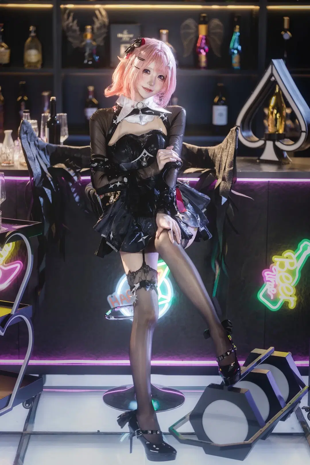 Zenless Zone Zero, Cyberpunk, Black stockings, Remielle cosplay, Leather jacket