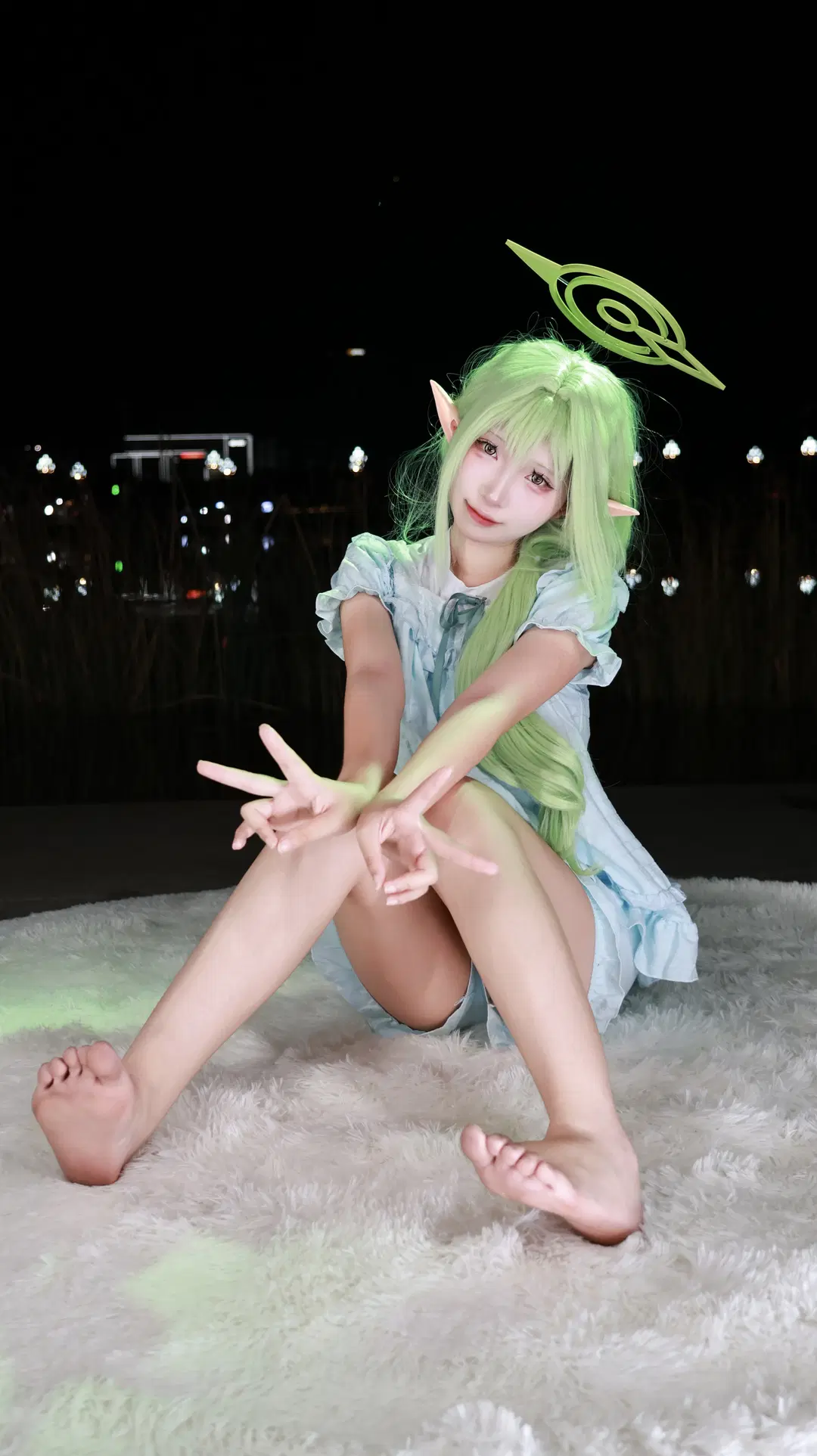 Blue Archive, Elf ears, Tachibana Nozomi cosplay, Night view cosplay, light blue loungewear