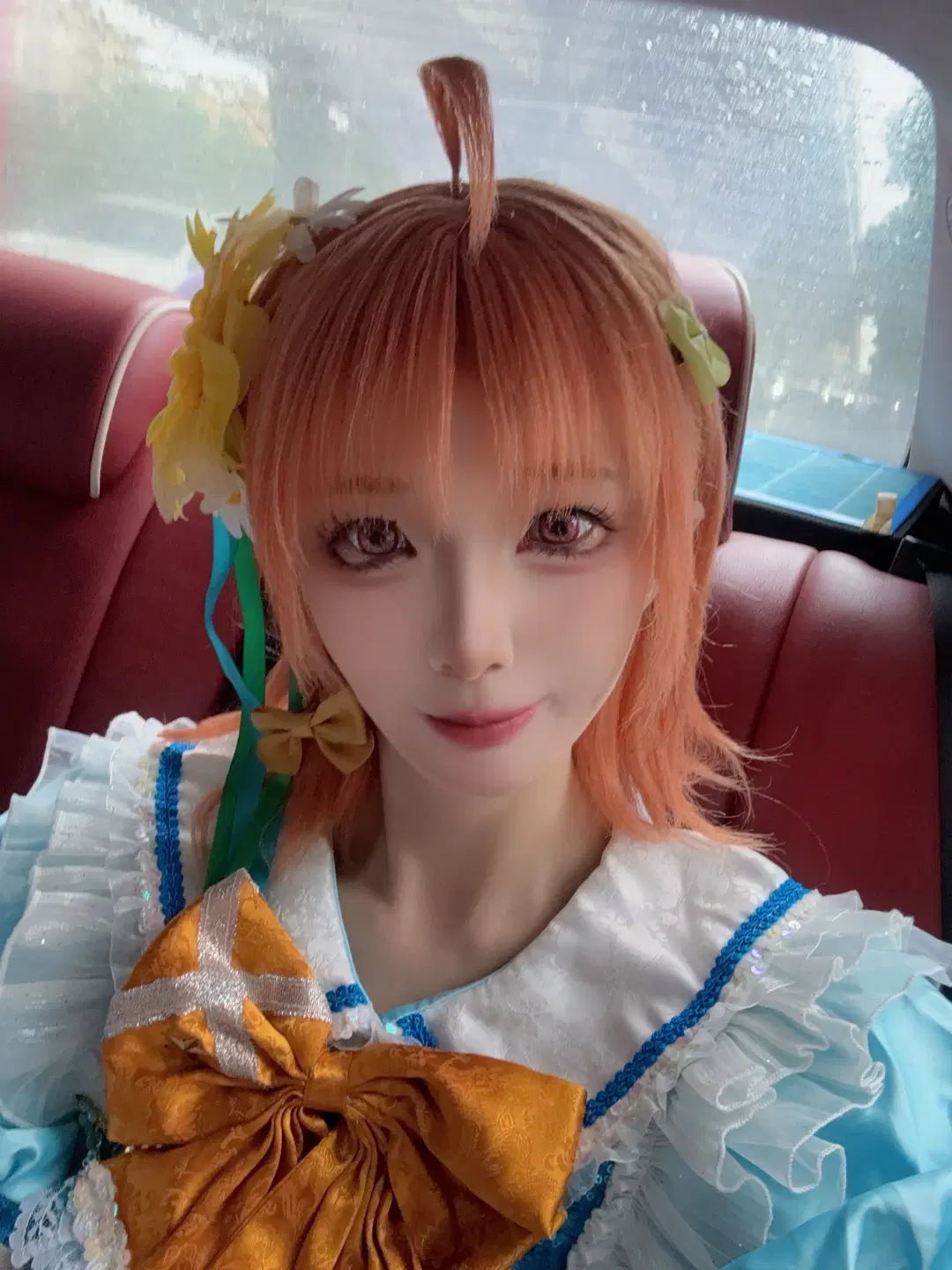 cosplay, 蓝白洋装, 花朵头饰, lovelive aqours, 橙发假发