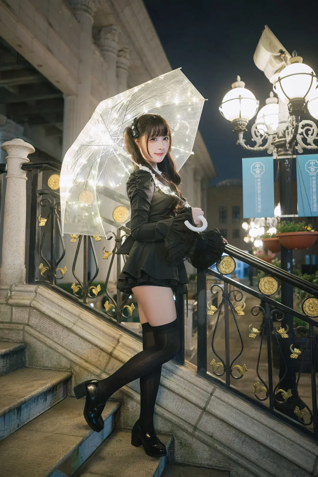 Dark Gothic Night Portrait: Transparent Glowing Umbrella & Black Tights Outfit by HIRO_午饭饭 - Image 12