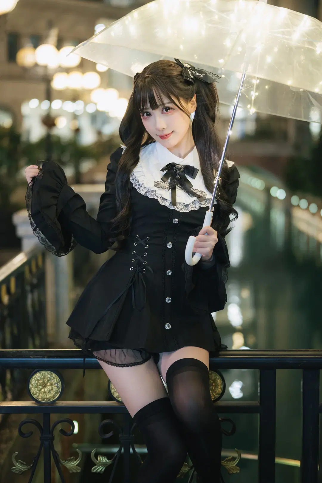 Dark Gothic Night Portrait: Transparent Glowing Umbrella & Black Tights Outfit by HIRO_午饭饭 - Image 13