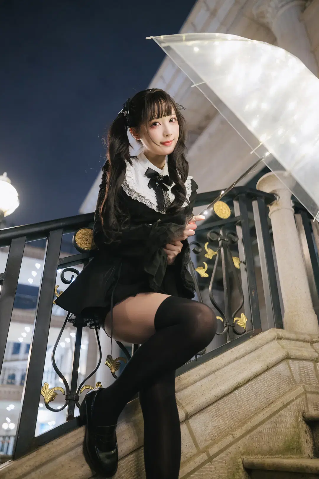 Dark Gothic Night Portrait: Transparent Glowing Umbrella & Black Tights Outfit by HIRO_午饭饭 - Image 17
